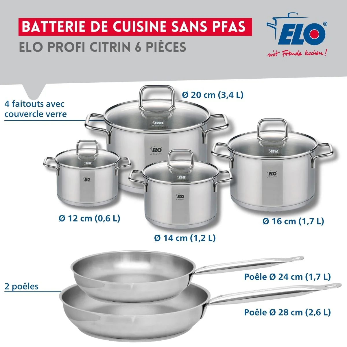 Ensemble de 2 Poêles de cuisson 24 et 28 cm et 4 faitouts 12, 14, 16 et 20 cm Elo Profi Citrin Elo