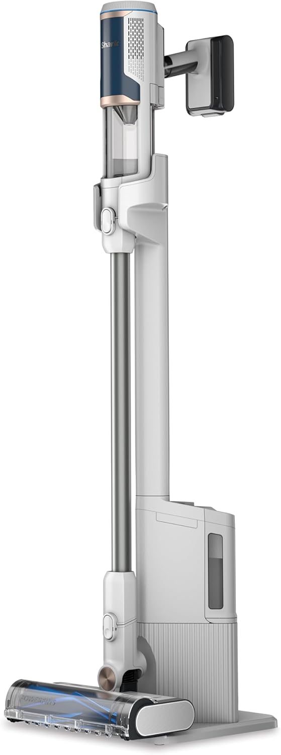 Shark Clean & Empty Aspirateur sans fil, système vidange automatique, aspirateur léger anti-poils avec outils animaux et interstices, autonomie 40 minutes, station de chargement, blanc/bleu, BU3521EU