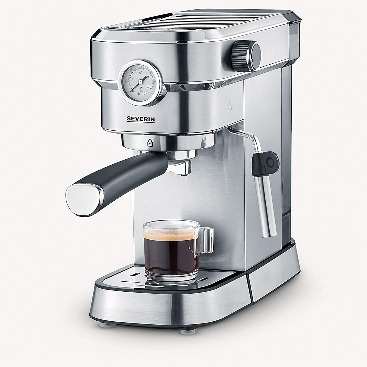 SEVERIN Cafetière Expresso Espresa Plus, 1 350W, 1,1 L, Manomètre intégré, Pompe 15 bars, Set barista inclus, Inox/Noir, KA 5995