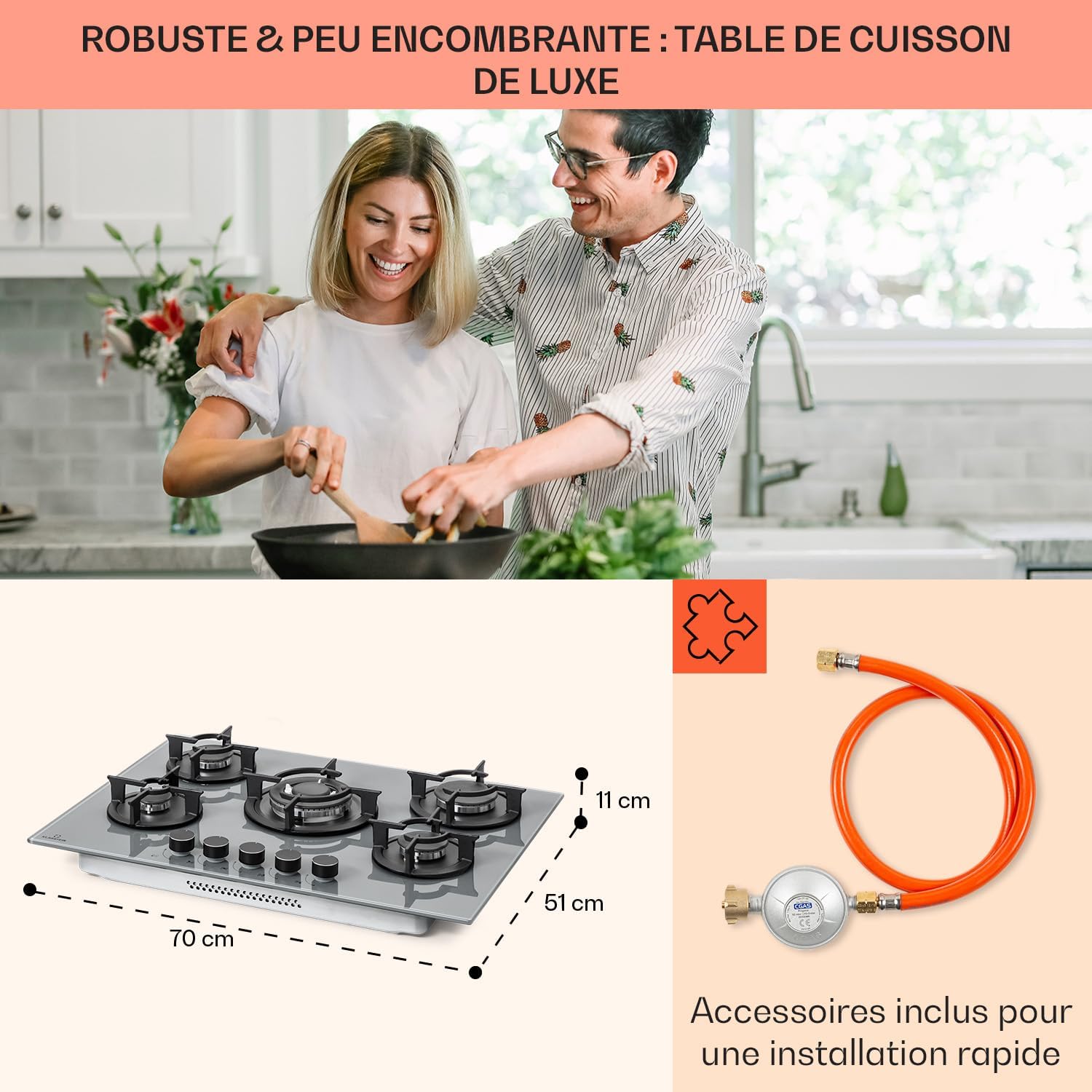 Klarstein Table de Cuisson à Gaz, Plaque de Cuisson Gaz à 4 Brûleurs, Table de Cuisson Electrique à 4 Feux de 8000W, Cuisiniere Gaz, Gaziniere Gaz avec Brûleurs en Acier Inoxydable, Cuisinières GPL