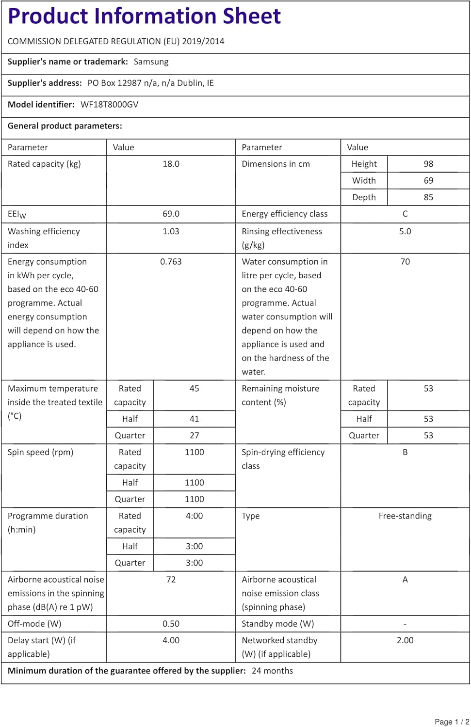 Samsung Grande capacité Machine à laver WF18T8000GV/ET Installation libre, 18 kg, 1100 tr/min, classe C, Wifi, Vapeur, Charge avant, 69 l x 98 h x 80p cm