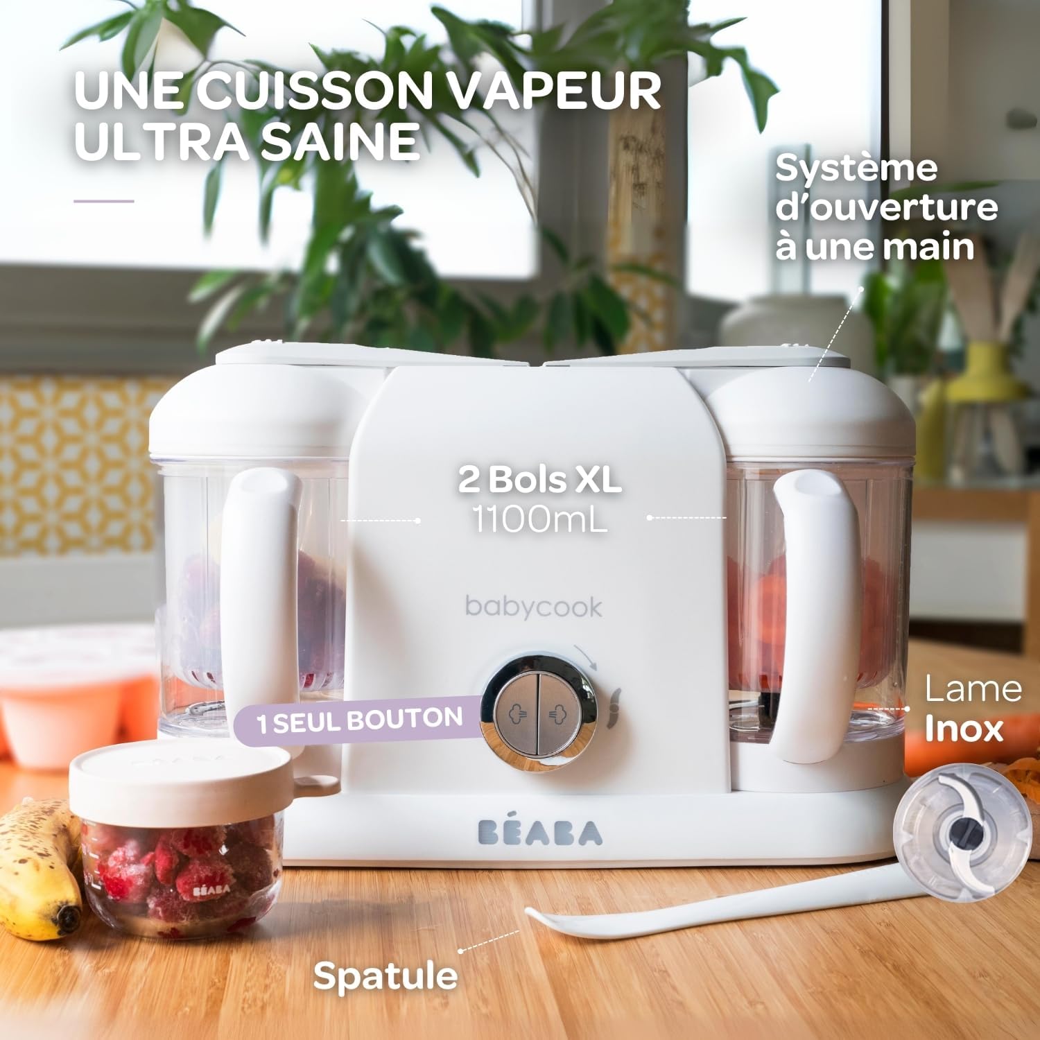 BÉABA, Babycook Duo Robot Bébé 4 en 1 Mixeur-Cuiseur, Cuisson Vapeur rapide 15min , Diversification alimentaire, Petits pots bébé maison, Contenance XXL 2200 ml, Noir