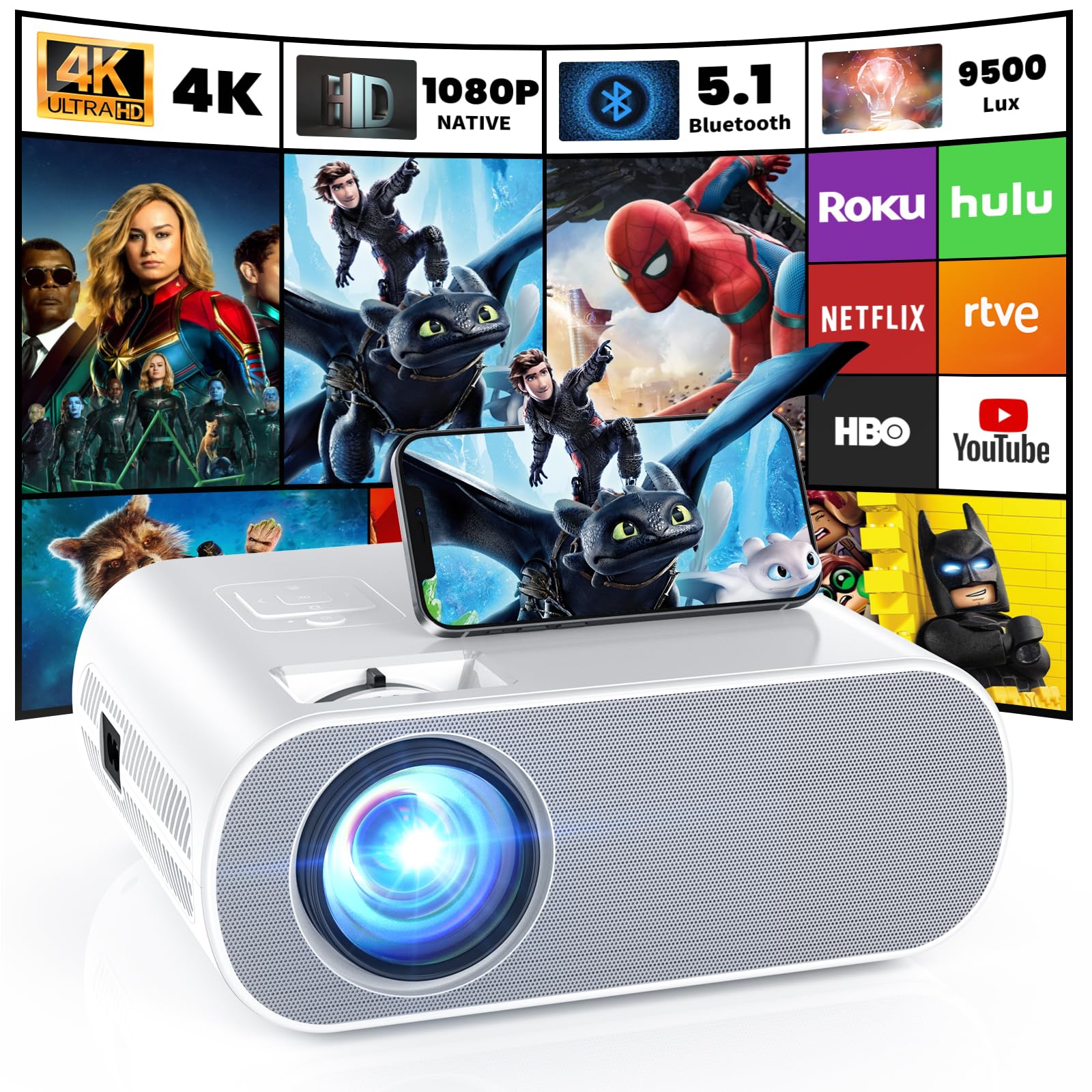 HOMPOW Projector, Native 1080P Full HD Bluetooth Projector
