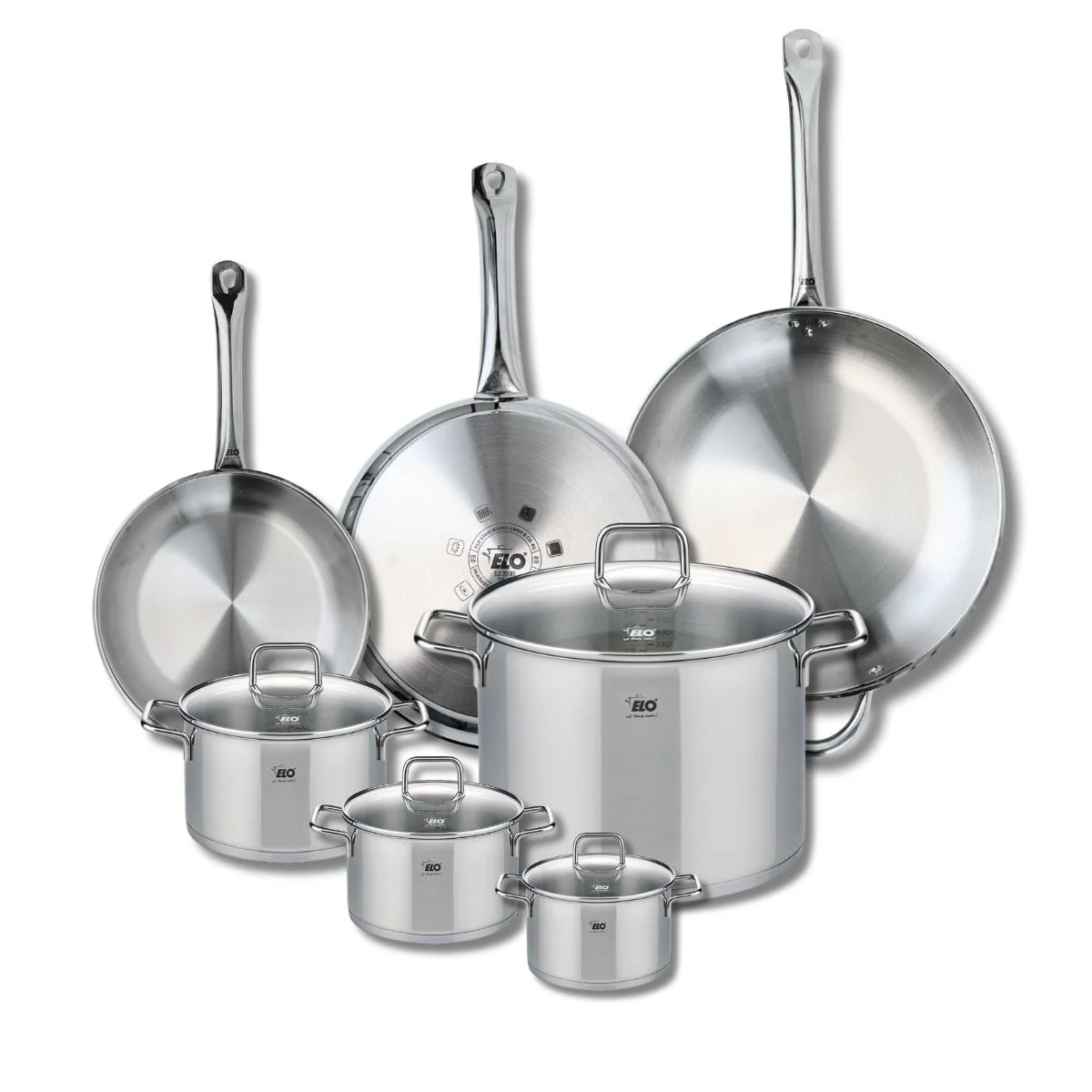 Ensemble de 3 Poêles de cuisson 24, 28 et 32 cm et 4 faitouts 12, 14, 16 et 26 cm Elo Profi Citrin Elo
