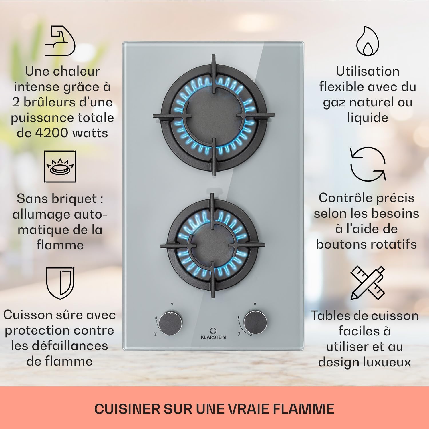 Klarstein Table de Cuisson à Gaz, Plaque de Cuisson Gaz à 4 Brûleurs, Table de Cuisson Electrique à 4 Feux de 8000W, Cuisiniere Gaz, Gaziniere Gaz avec Brûleurs en Acier Inoxydable, Cuisinières GPL