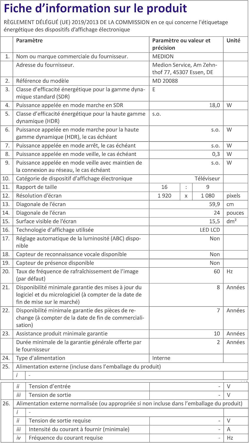 MEDION E14080 (MD 30224) Téléviseur Full HD 100,3 cm (40 Pouces) (Lecteur DVD intégré, récepteur Triple Tuner DVB-T2 DVB-C DVB-S2, 2 x HDMI, VGA, USB, Mediaplayer, CI+)