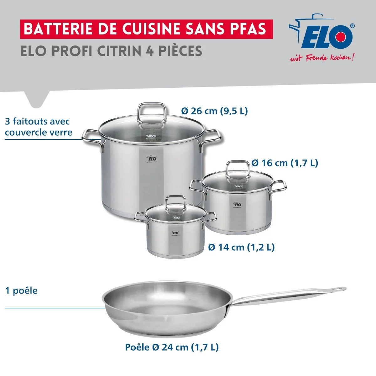 Ensemble de 1 Poêle de cuisson 24 cm et 3 faitouts 14, 16 et 26 cm Elo Profi Citrin Elo