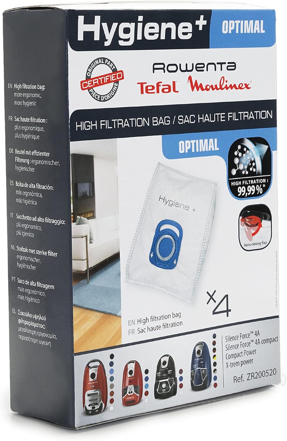 Rowenta Silence Force Aspirateur avec Sac Silencieux, Performant, Capacité 4,5 L & Lot de 4 Sacs Hygiène+, Compatibles avec Les aspirateurs traineau Compact Power, Power XXL