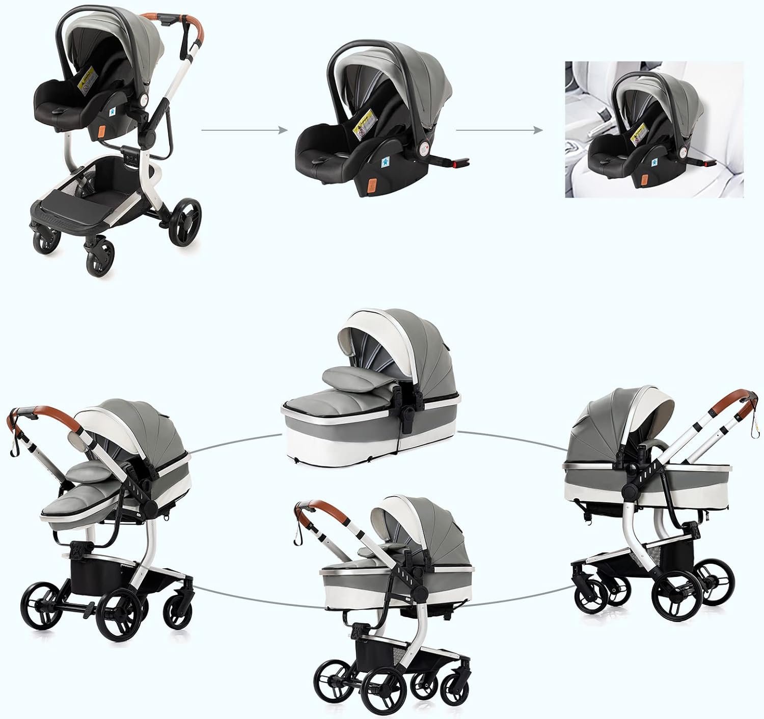 Magic ZC Poussette 3 en 1, Poussette Bebe avec Conception Portable Pliable en Un Clic, Pousette 3 en 1 avec Poussée Réversible Bidirectionnelle, Poussette Trio avec Accessoires (black gold 588)