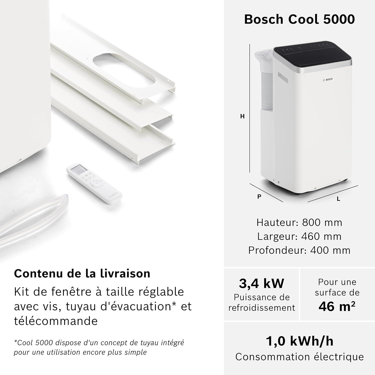 Bosch Cool 5000 Portable AC - 3 en 1 : Climatiseur, Déshumidificateur, Ventilateur - 3,5kW, PAC pour les pièces jusqu'à 35m² - Avec mode automatique, mode silencieux et mode veille