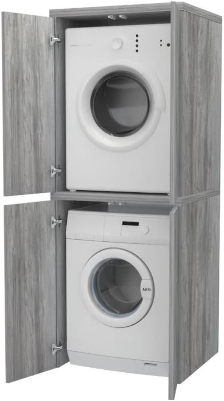 VE.CA Meuble lave-linge, sèche-linge, meuble buanderie avec portes, couleur chêne vintage, en bois, rectangulaire, colonne lave-linge et sèche-linge, fabriqué en Italie
