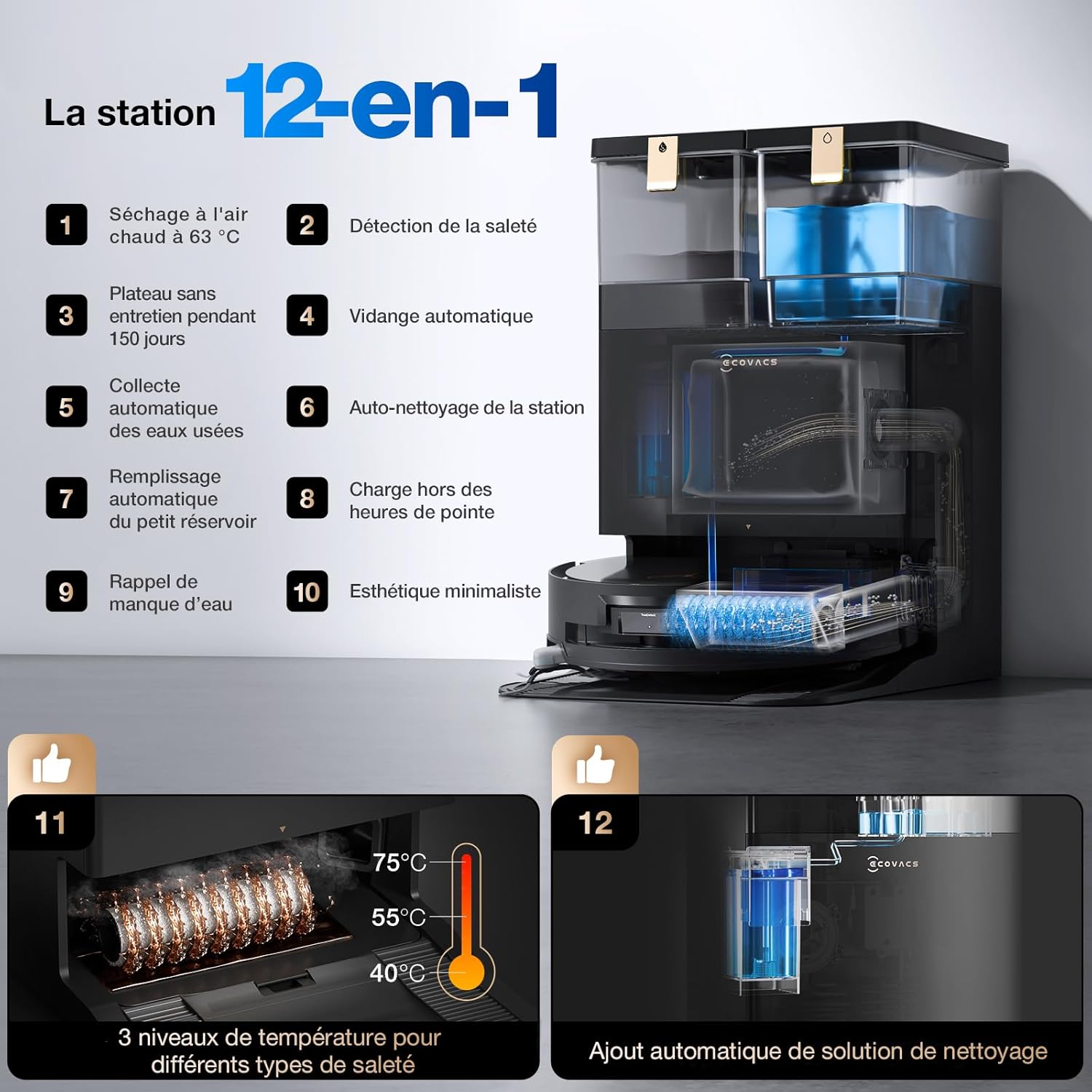 ECOVACS X8 PRO OMNI Robot Aspirateur Laveur avec Station Tout-En-Un, Puissance 18000Pa, Nettoyage Automatique Instantané OZMO ROLLER, Nettoyage à l'eau chaude 75℃, Ajout Solution Nettoyage Automatique