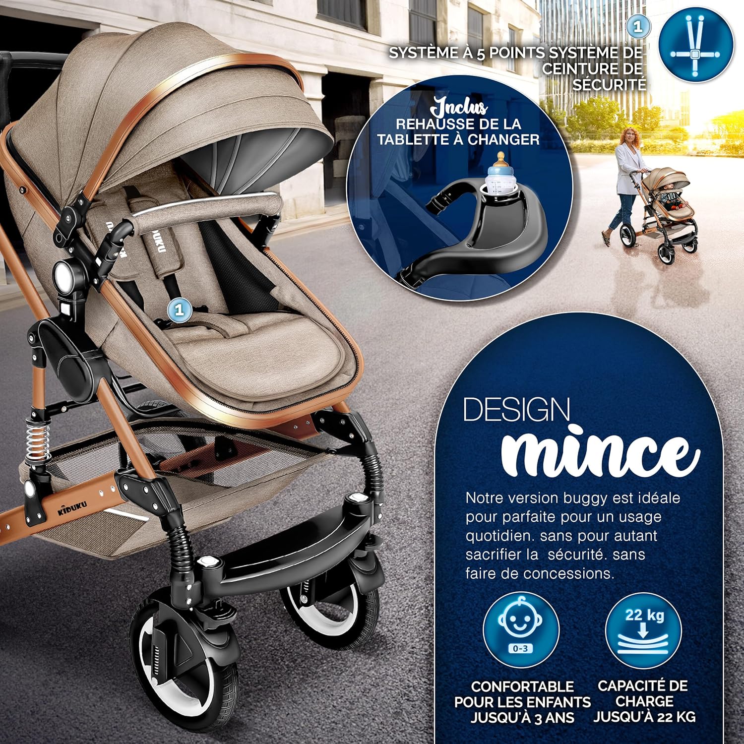 KIDUKU® Poussette Combinée 3 en 1 | Trio pour Enfants | Siége Auto Légère, Piable | Nacelle Souple Convertible | Set de Voyage (Noir/Champagne)