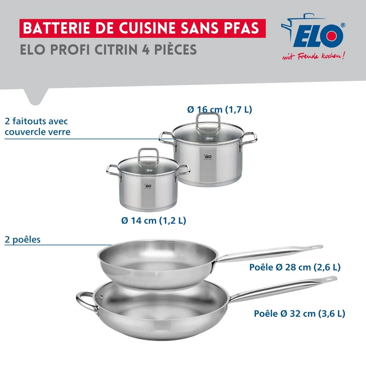 Ensemble de 2 Poêles de cuisson 28 et 32 cm et 2 faitouts 14 et 16 cm Elo Profi Citrin Elo