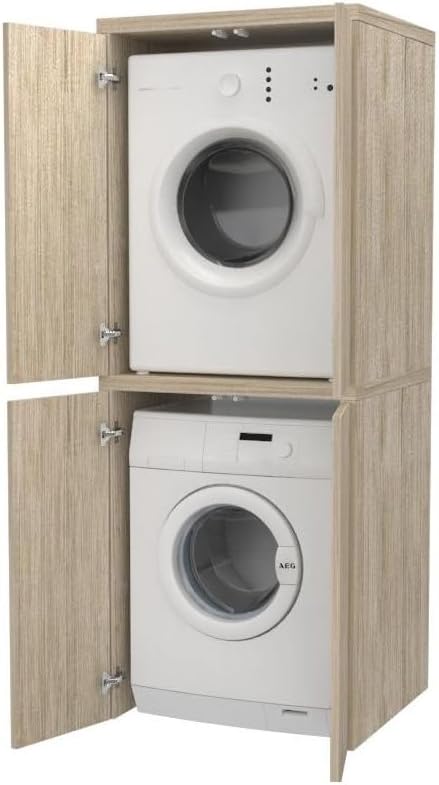 VE.CA Meuble lave-linge, sèche-linge, meuble buanderie avec portes, couleur chêne vintage, en bois, rectangulaire, colonne lave-linge et sèche-linge, fabriqué en Italie