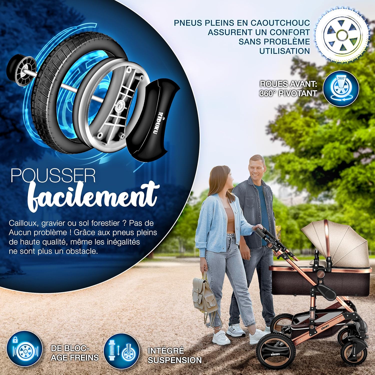 KIDUKU® Poussette Combinée 3 en 1 | Trio pour Enfants | Siége Auto Légère, Piable | Nacelle Souple Convertible | Set de Voyage (Noir/Champagne)