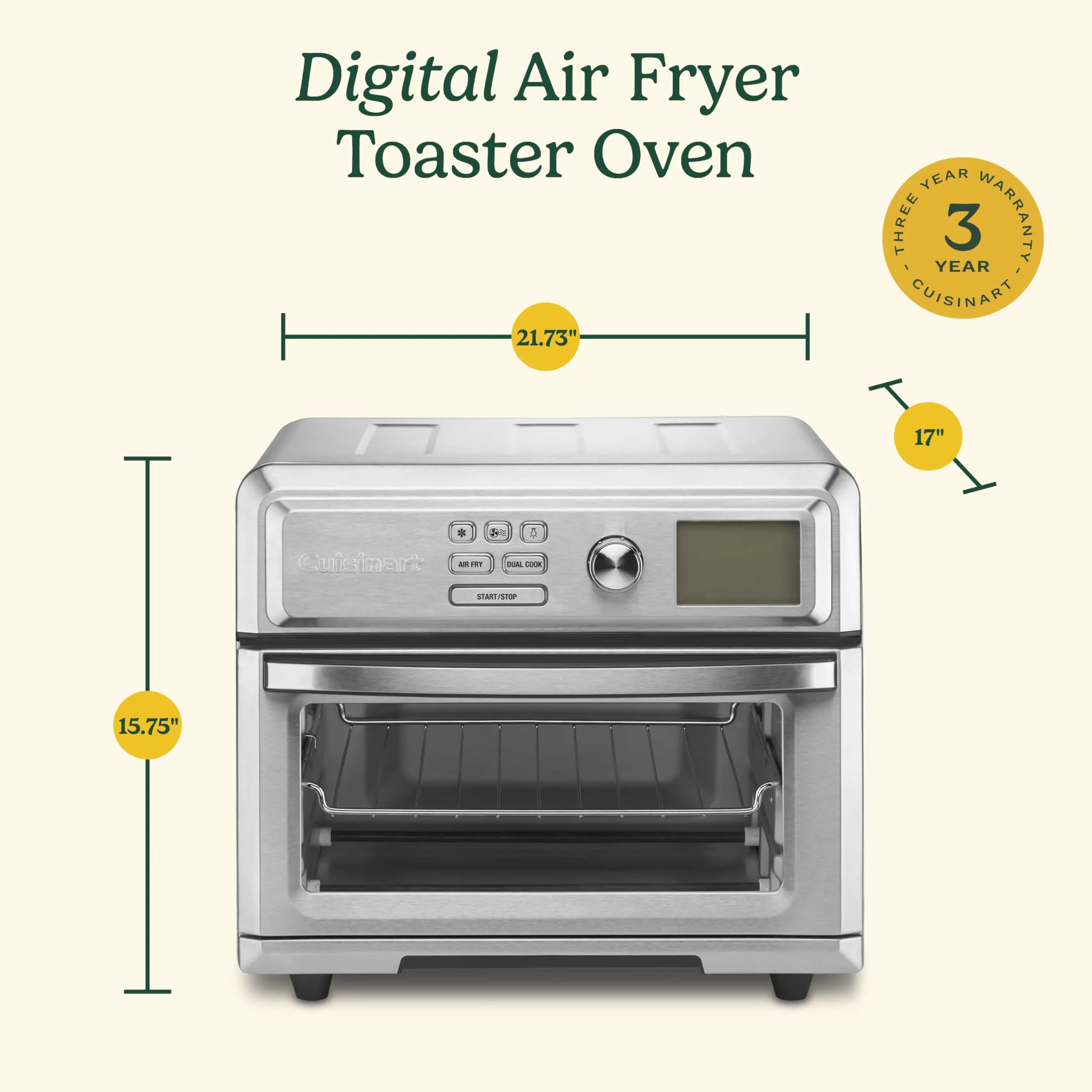 Cuisinart Air Fryer Toaster Oven, Digital Display, Digital 1800 Watt, Adjustable Temperature and Controls, Stainless Steel, TOA-65,Silver