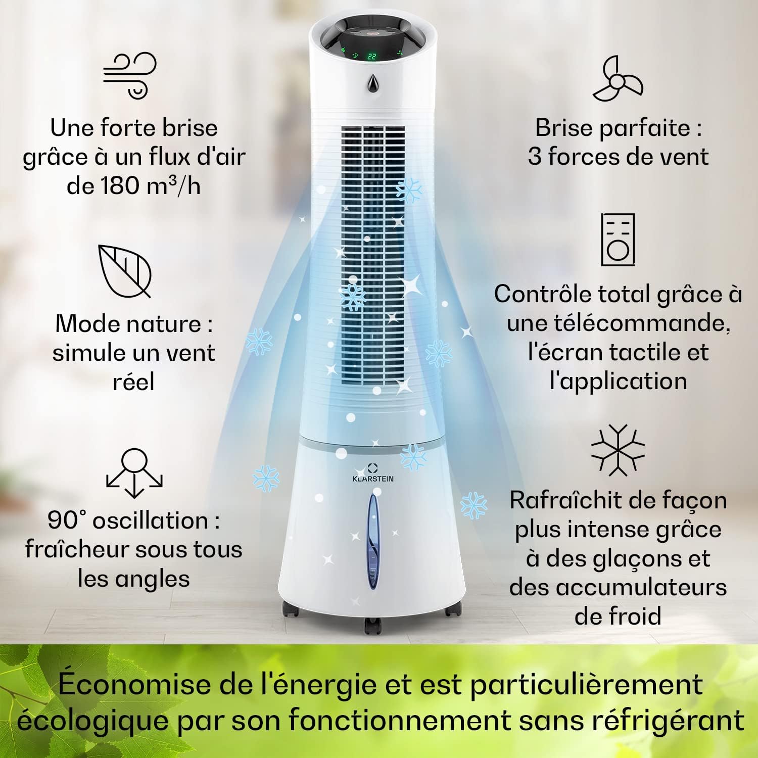 Klarstein Rafraichisseur d'Air Mobile 5 en 1, par Evaporation avec Humidificateur, Ventilateur, Ioniseur, Climatiseur Mobile Sans Évacuation, Mode Nuit, 45W, Débit d'Air de 180m³/h