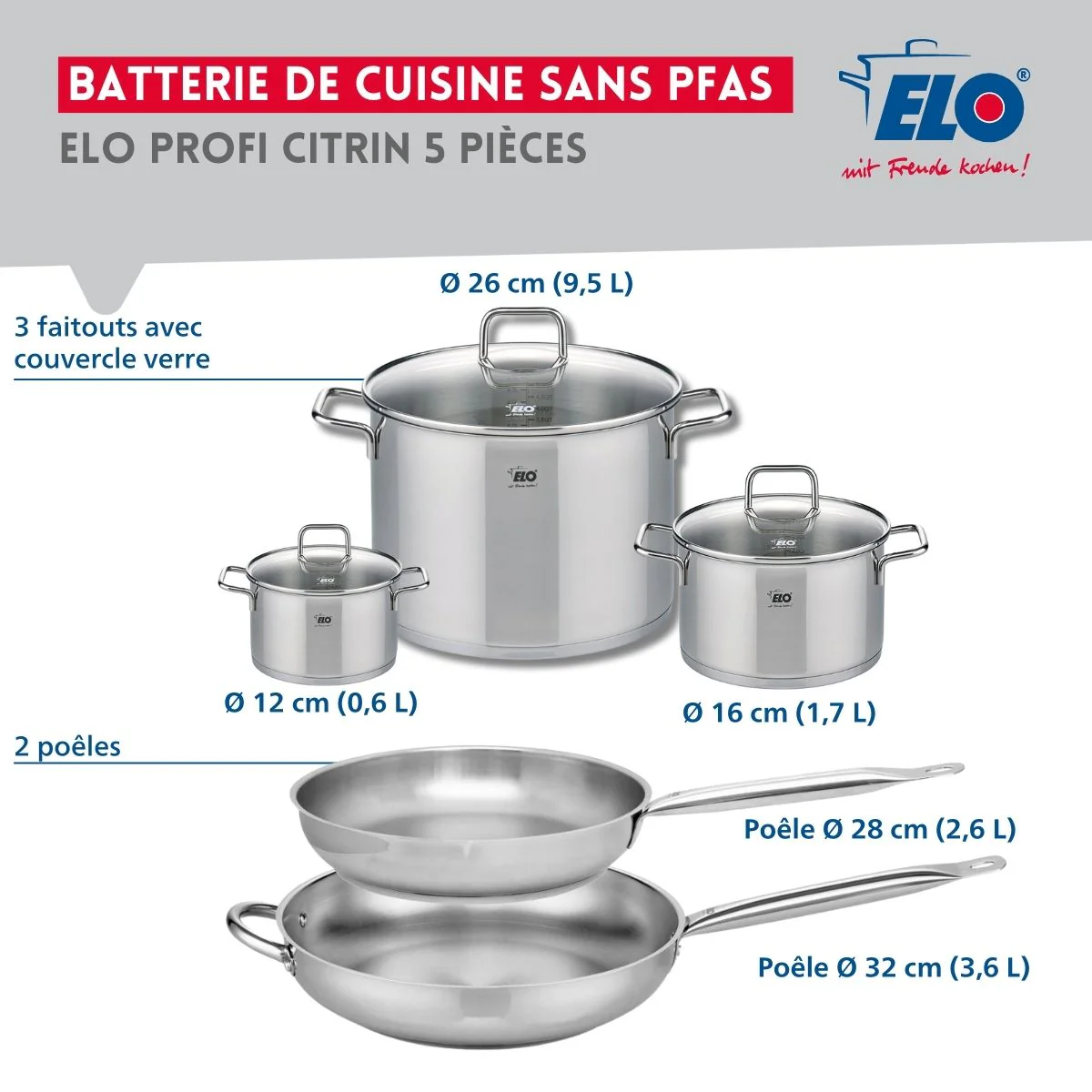 Ensemble de 2 Poêles de cuisson 28 et 32 cm et 3 faitouts 12, 16 et 26 cm Elo Profi Citrin Elo
