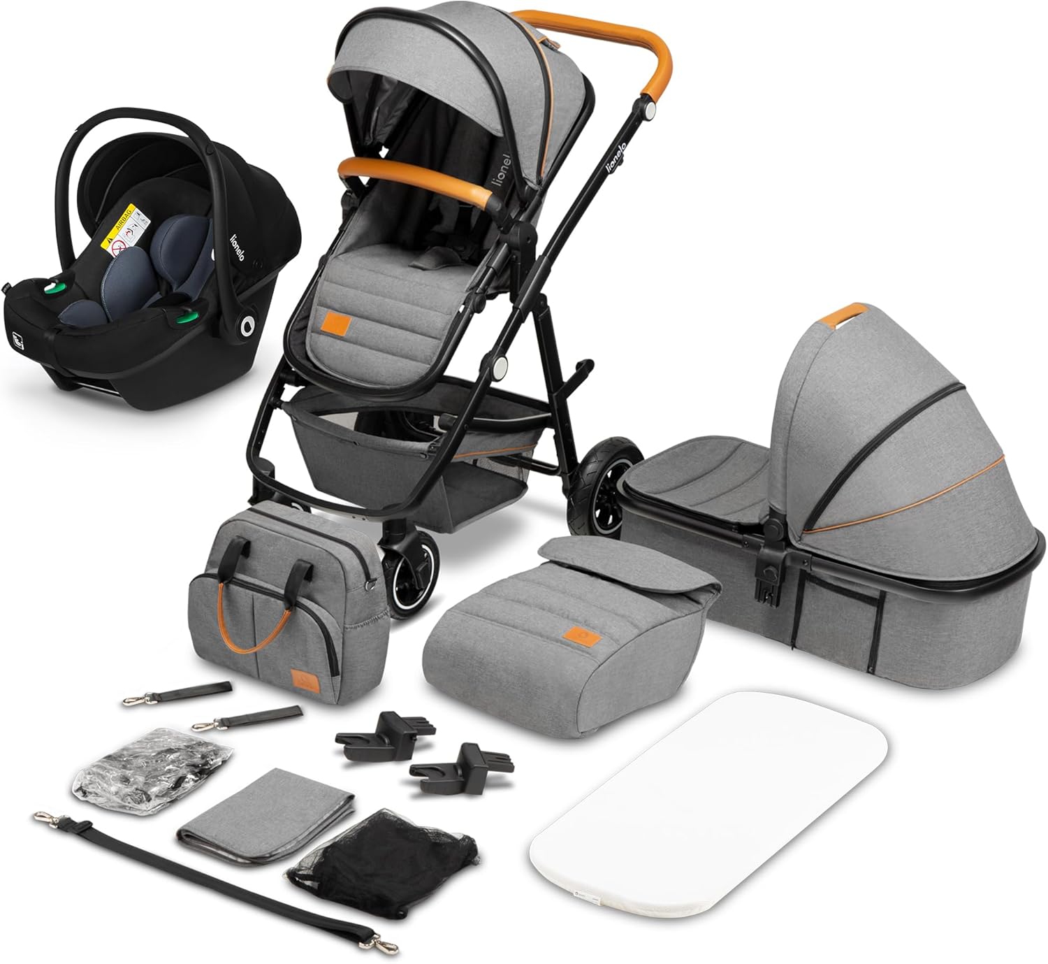 LIONELO Amber 3 in 1 poussette multifonctionnellle, landau, ensemble poussette avec siège sport et nacelle fixe, sac, moustiquaire, couvrir, feuille de pluie mit siege auto