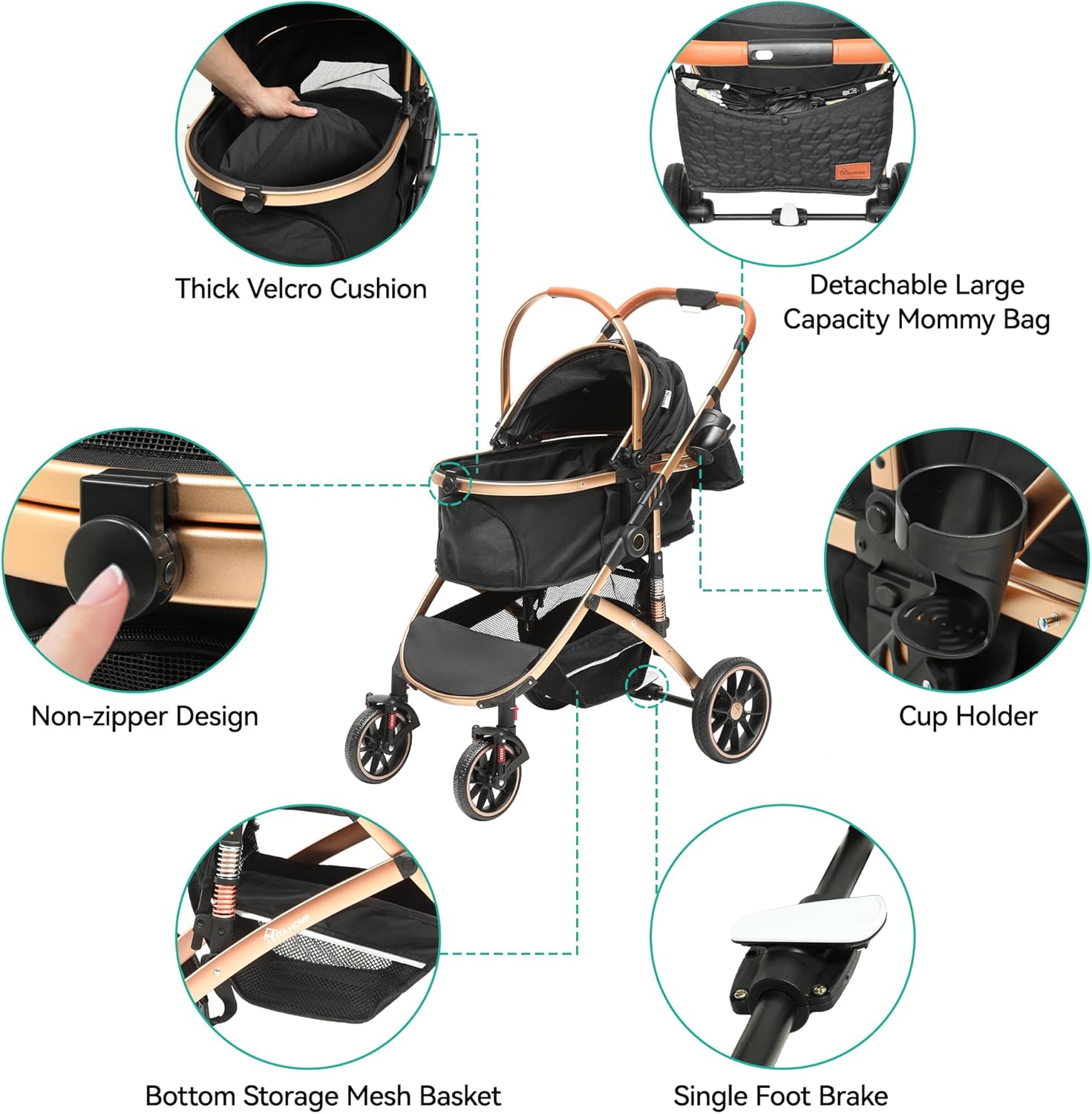 YITAHOME Poussette Chien 3-en-1, Poussette pour Chien Chat, Poussette Chien Tout Terrain, Voyage Transporteur Amovible, Pliable Portable Landau pour Animaux (Noir)