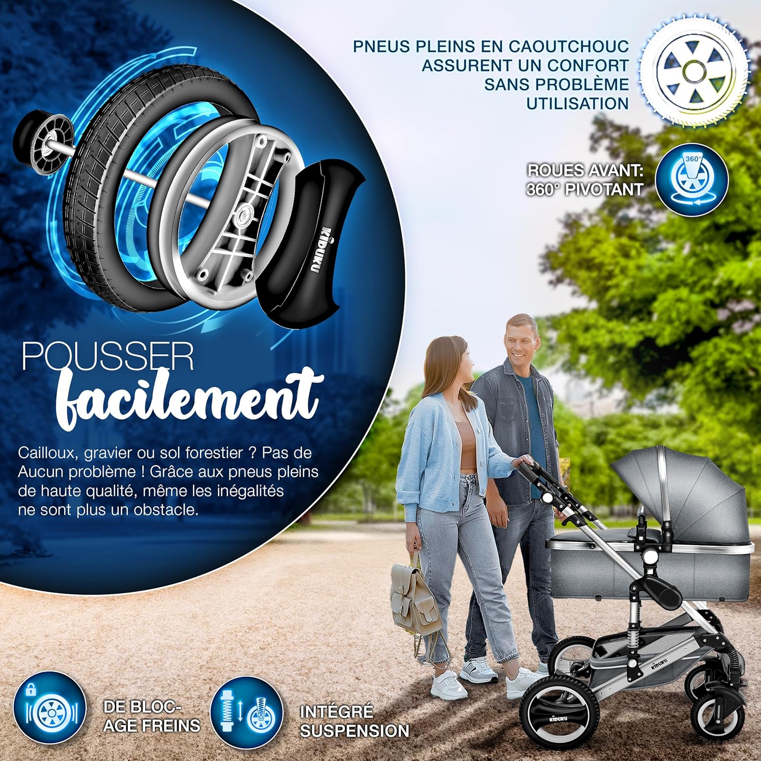 KIDUKU® Poussette Combinée 3 en 1 | Trio pour Enfants | Siége Auto Légère, Piable | Nacelle Souple Convertible | Set de Voyage (Noir/Champagne)