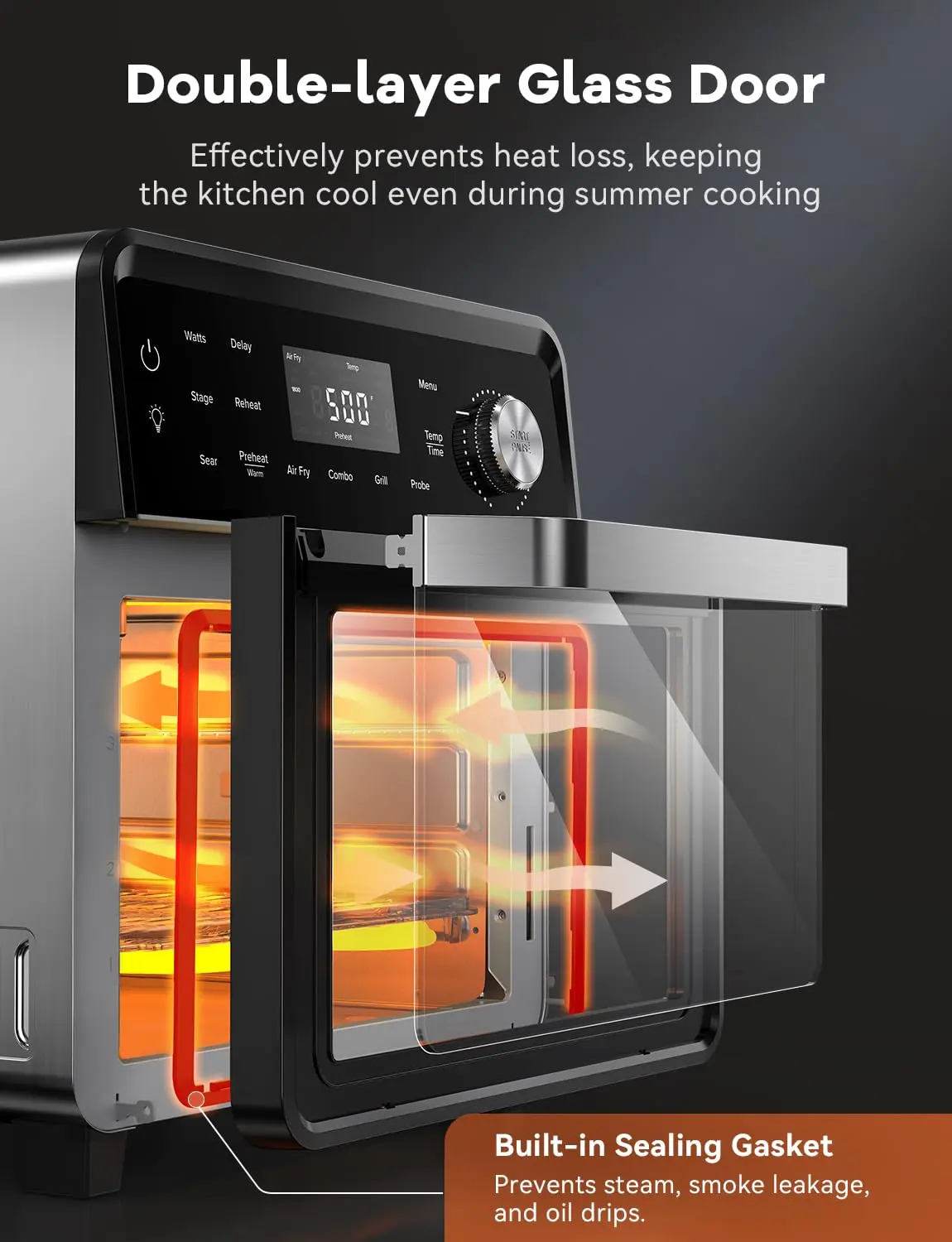 Nuwave Smart Air Fryer Oven with POWERPORT™ Plug-In Grill for Dual-Zone Efficient Cook, 100 in 1 Advanced Convection Toaster Oven Countertop w/Insulated 2-Glass Door, 550°F Preheat, Stainless Steel