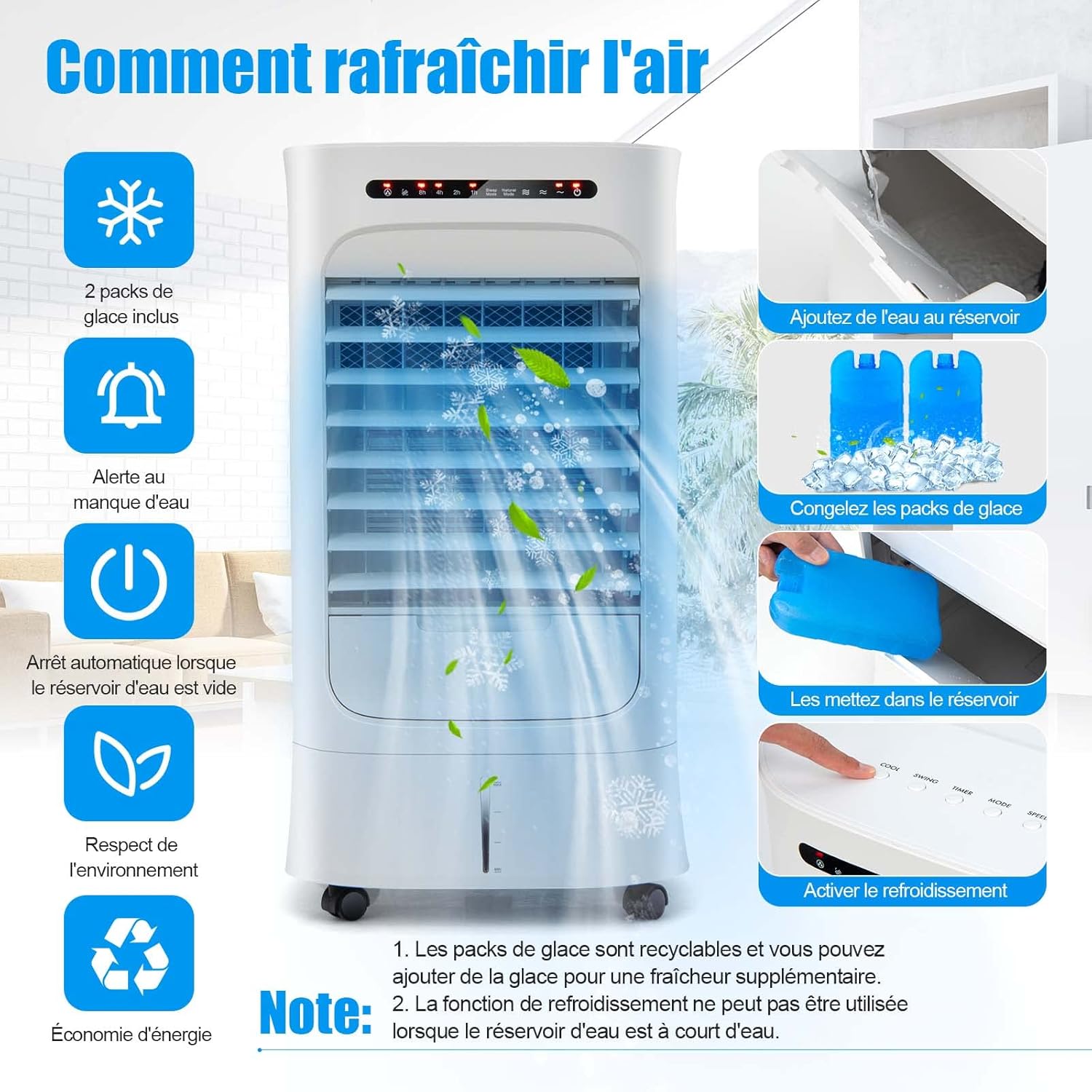 RELAX4LIFE Rafraîchisseur d’Air Mobile avec Humidificateur et Purificateur, 3 Mode de Vitesse, Climatiseur avec Réservoir d'Eau 8L et Filtre Amovible et Lavable pour Chambre, Bureau, Salon