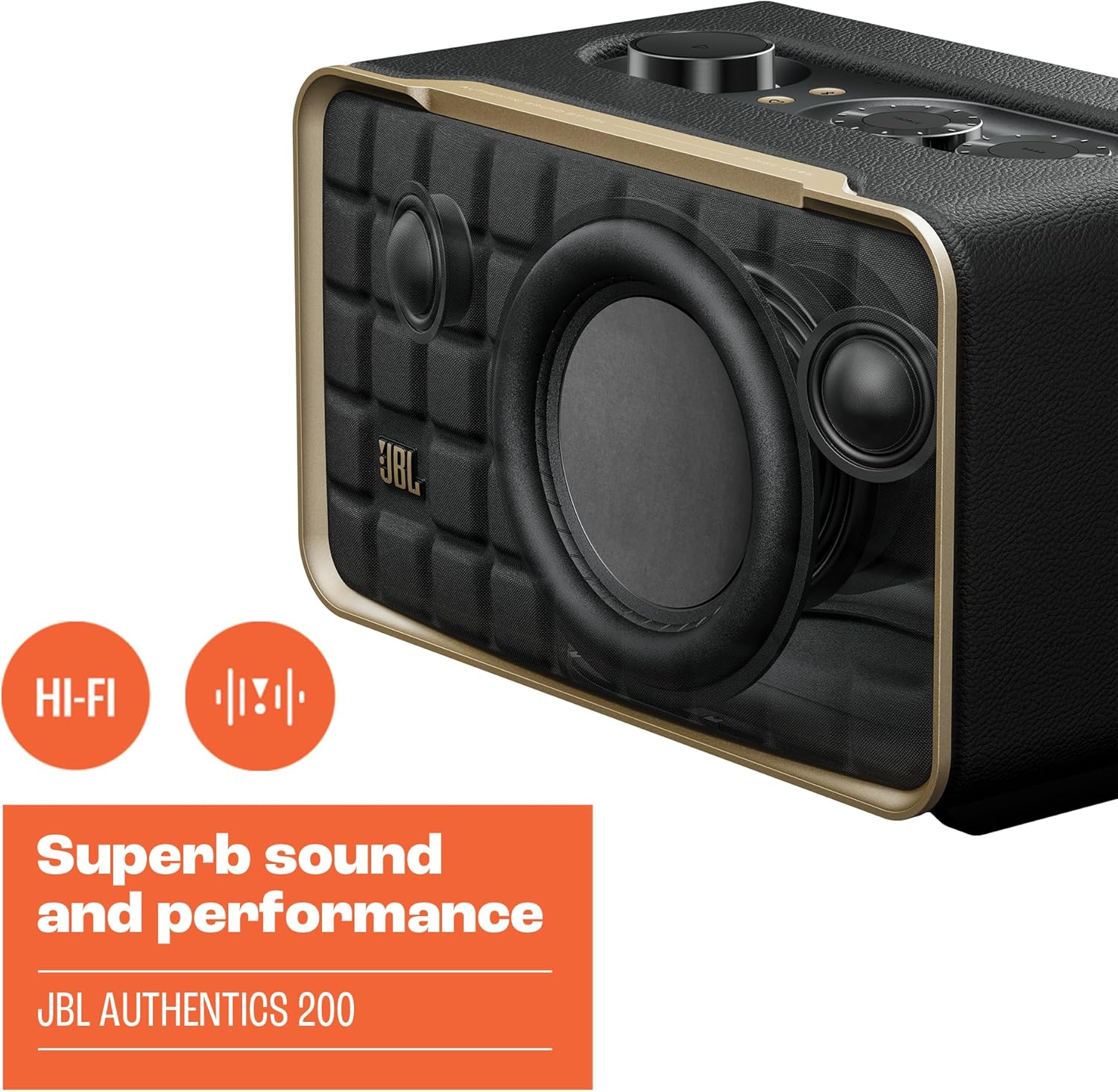 JBL Authentics 200 Enceinte Smart Home avec Wi-Fi, Bluetooth et assistants vocaux, design rétro, noire, Prise européenne (Type C)