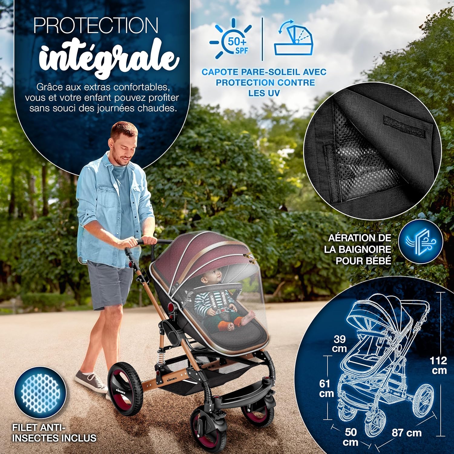 KIDUKU® Poussette Combinée 3 en 1 | Trio pour Enfants | Siége Auto Légère, Piable | Nacelle Souple Convertible | Set de Voyage (Noir/Champagne)