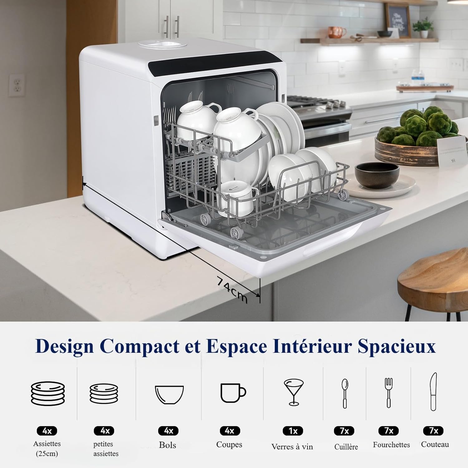 YU YUSING Mini Lave-vaisselle Compact 45cm avec 6 Programmes 4 Couverts, Petit Lave-vaisselle Sans ou Avec Arrivée d'Eau, Portable, Réservoir d'Eau 5L, Commande Tactile, Écran LED