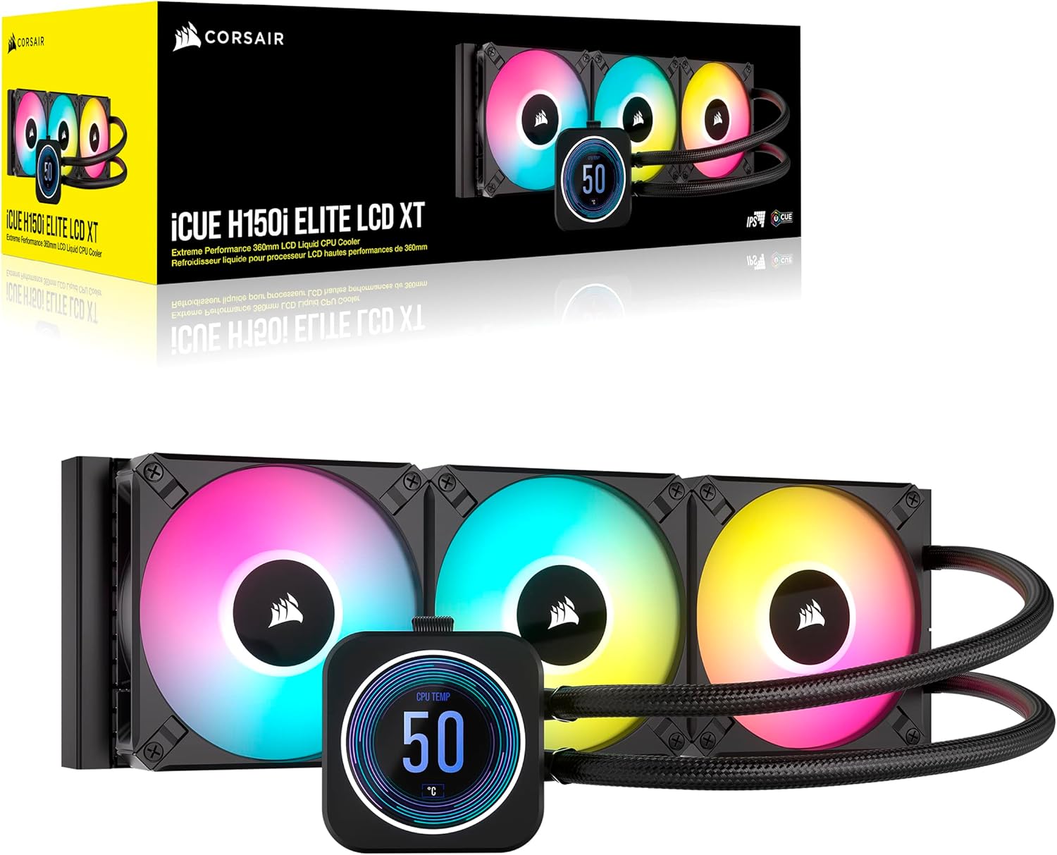 Corsair iCUE H150i Elite LCD XT Refroidisseur de CPU Liquide - Écran LCD IPS - Trois Ventilateurs AF120 RGB Elite - Radiateur 360mm - Convient à Intel® LGA 1700, AMD AM5, et Plus - Noir