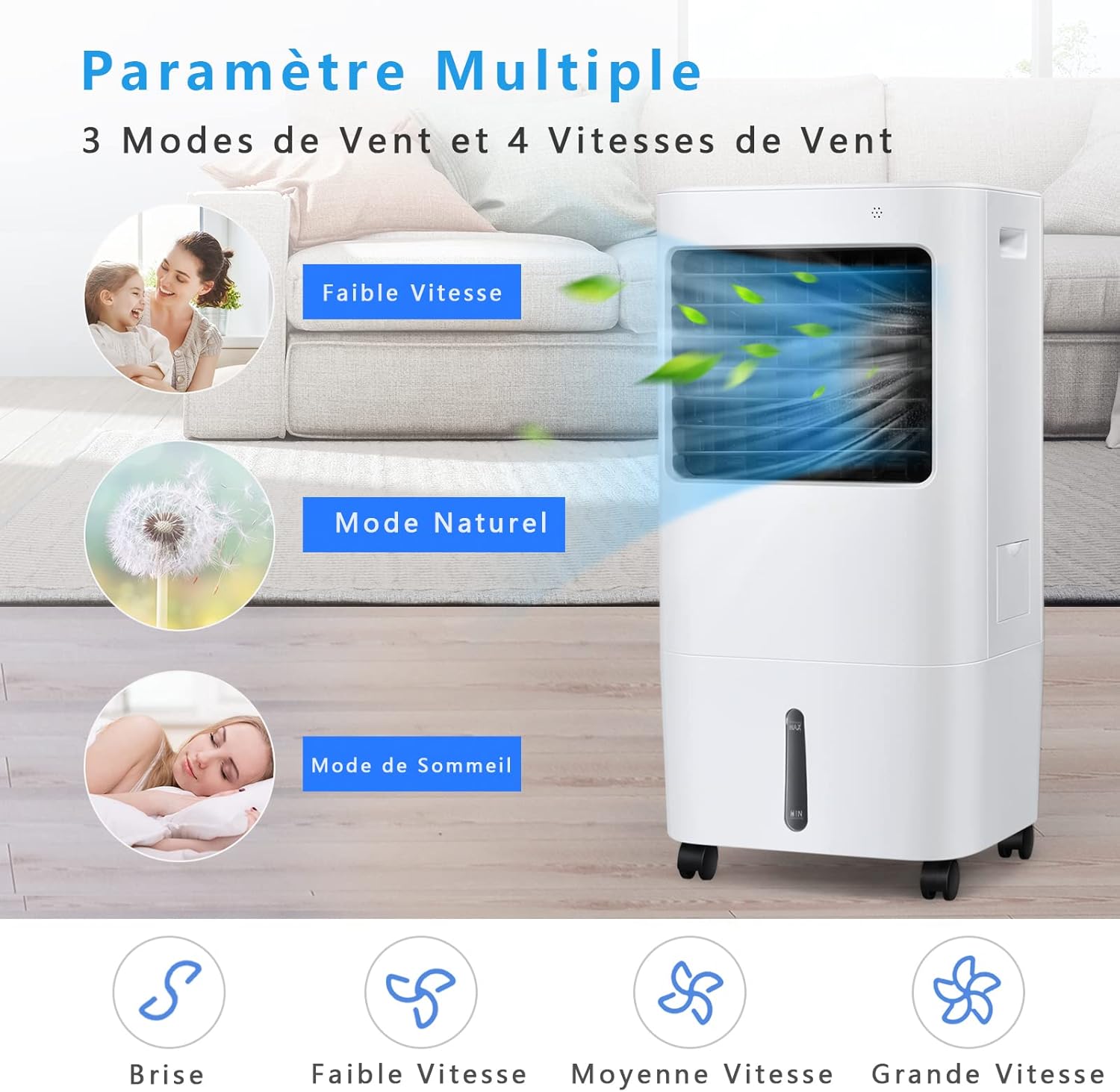 RELAX4LIFE Rafraîchisseur d’Air Mobile avec Humidificateur et Purificateur, 3 Mode de Vitesse, Climatiseur avec Réservoir d'Eau 8L et Filtre Amovible et Lavable pour Chambre, Bureau, Salon