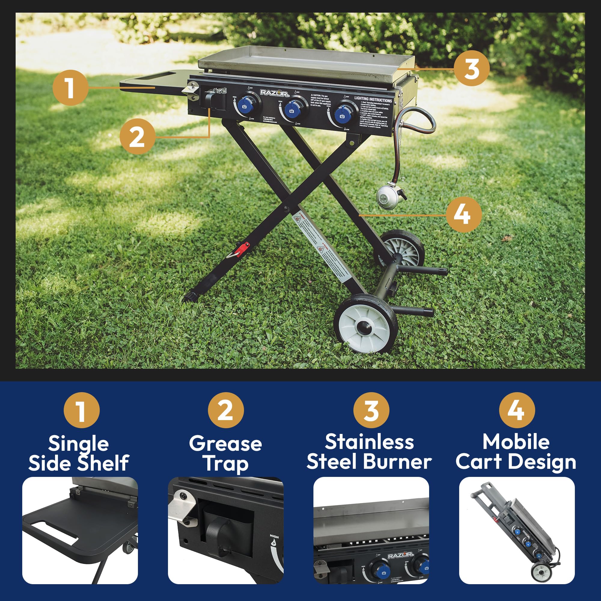 Razor Griddle Gas Grill & Griddle for Backyard Cooking and Camping, Portable Grill with Cart & Side Shelf