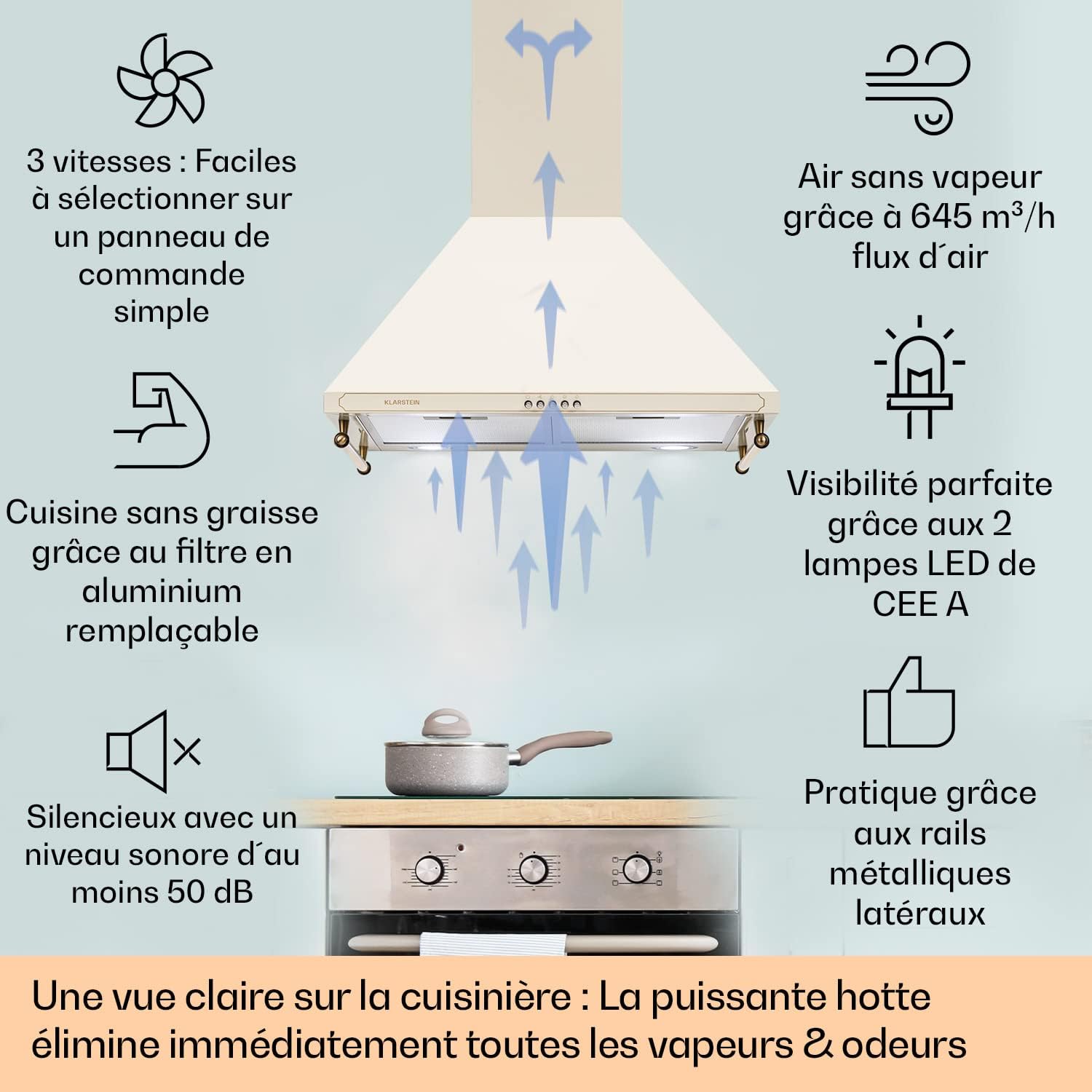 Klarstein Hotte Aspirante 90 cm, Hottes de Cuisine avec Filtre de Hotte en Aluminium, Débit d'Air Puissant de 645m³/h, Eclairage LED, Extracteur d'Air Silencieux, Hotte Efficace avec Evacuation