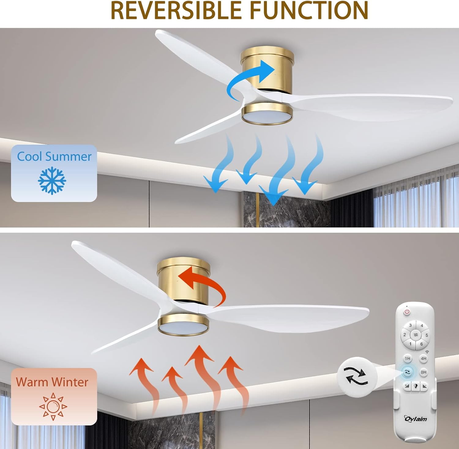 Ovlaim 132cm intérieur extérieur 3 pales hélice Smart ventilateur de plafond, Ventilateur de plafond en bois massif à moteur DC silencieux avect