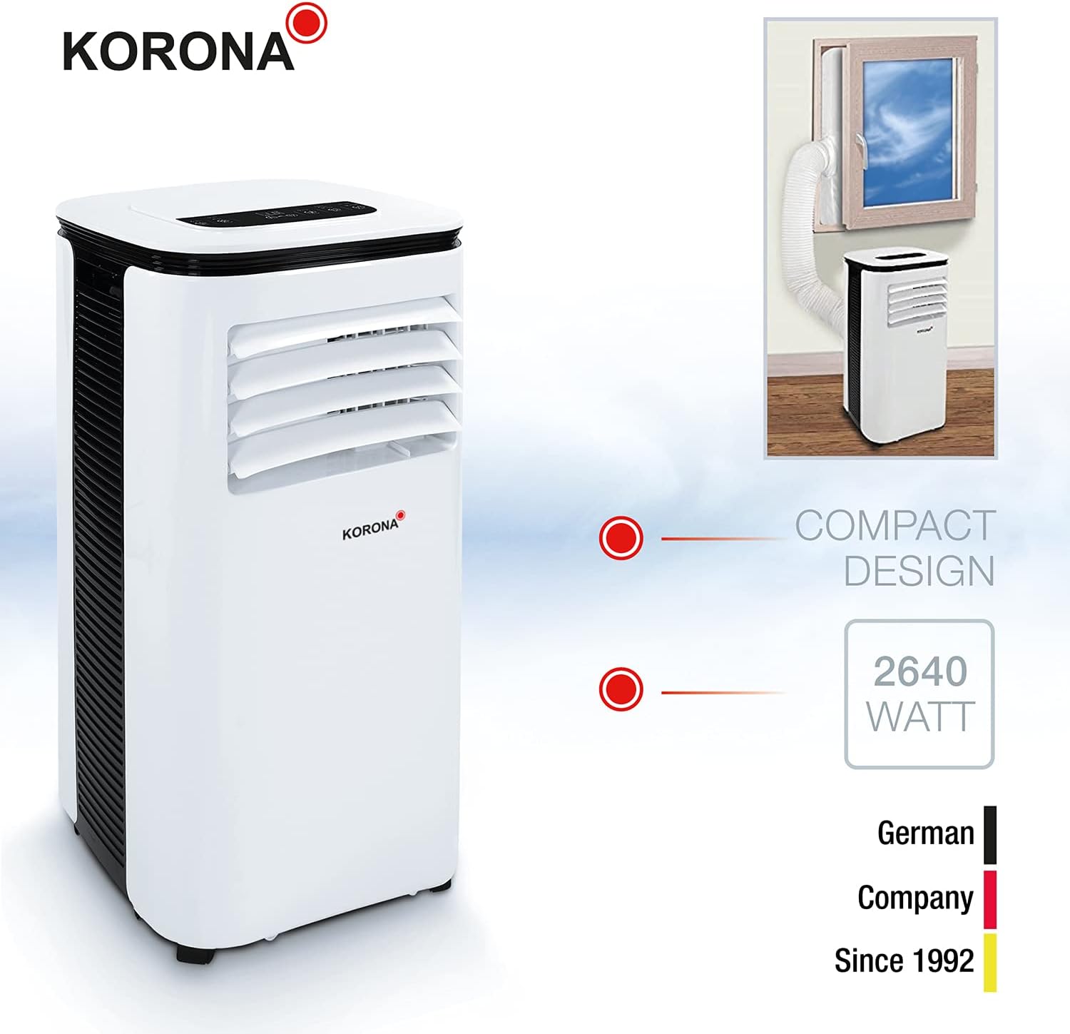 Korona 82001 Climatiseur mobile Iceberg 9.0 ECO | 9000 BTU/h | Monobloc 3en1 - Refroidisseur, déshumidificateur, ventilateur | Avec tuyau d'évacuation d'air pour la fenêtre | Pièces jusqu'à 34 m²