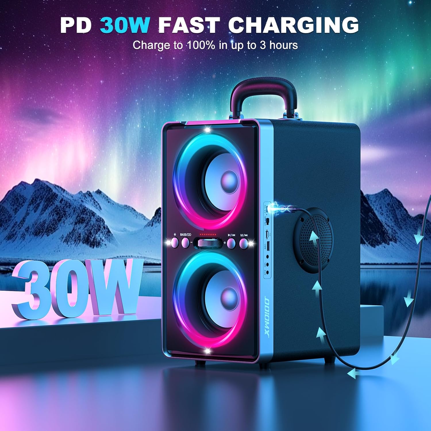 Enceinte Bluetooth Puissante, 200W Enceinte Portable Bluetooth avec Super Bass, Autonomie 15 hrs, LED Light Show, Appairage TWS, Lecture USB/TF Carte/AUX, pour Extérieur, Maison, Fêtes, Camping