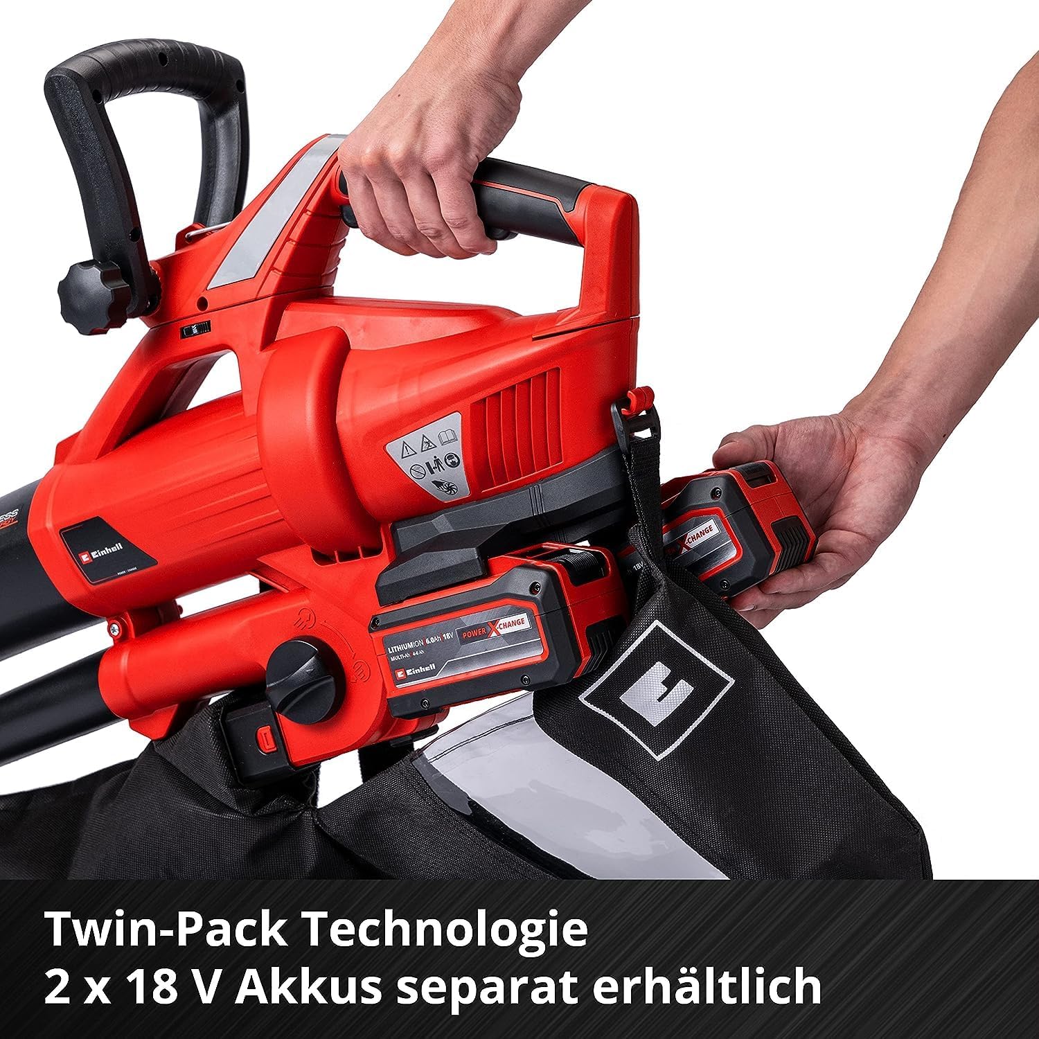 Einhell Akku-Laubsauger Laubblser GE-CL 36 Li E-Solo Power X-Change (Lithium-Ionen, 2 x 18 V, 210 km/h Luftgeschwindigkeit, bürstenloser Motor, 45 l-Fangsack, Tragegurt, ohne und Ladegert)