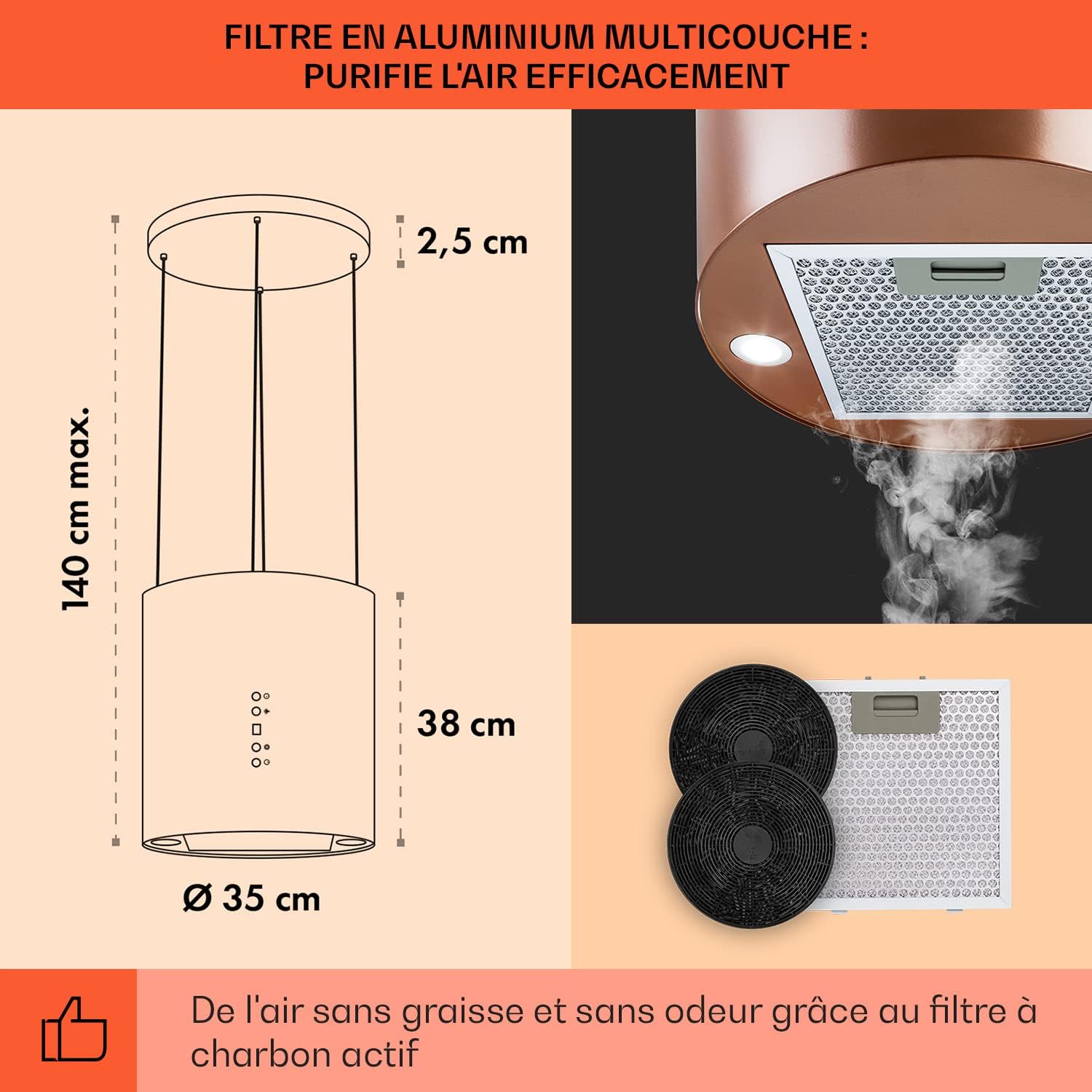 KLARSTEIN Barett - hotte aspirante îlot, hotte aspirante silencieuse Ø 35cm, Puissance Moteur 190W, 560 m³/h Max, 3 Niveaux de Puissance, éclairage LED, INOX - Argent