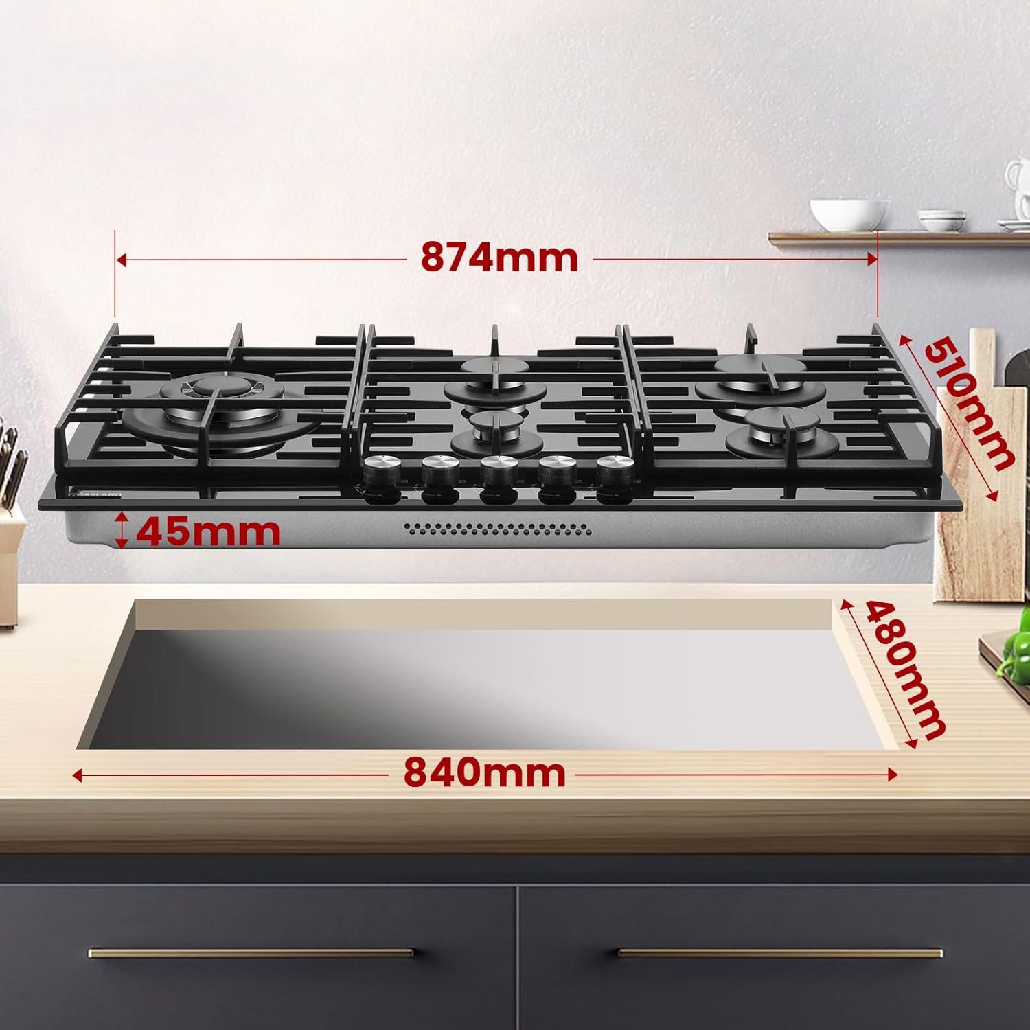 GASLAND GH2805BG1FC Table de cuisson à gaz 5 feux, Cuisinière à gaz avec brûleur wok, Table de cuisson à gaz encastrable, 76cm noir Cuisinière à gaz en verre, Cuisinière à gaz 10,4KW, GPL/NG