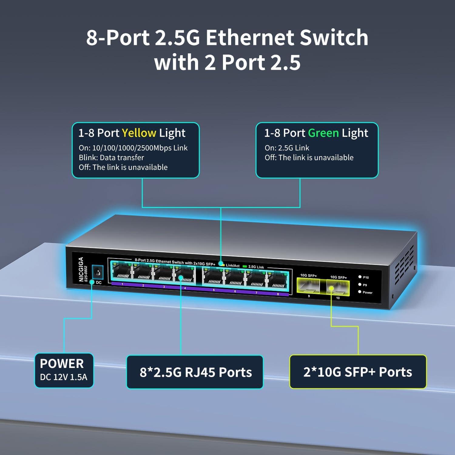 16 ports 2,5 G ➕ commutateur Ethernet SFP+ 2 ports 10 G, commutateur réseau NICGIGA 18 ports 2,5 Gb non géré, Plug & Play, montage sur bureau ou rack 19 pouces, conception métallique sans ventilateur.