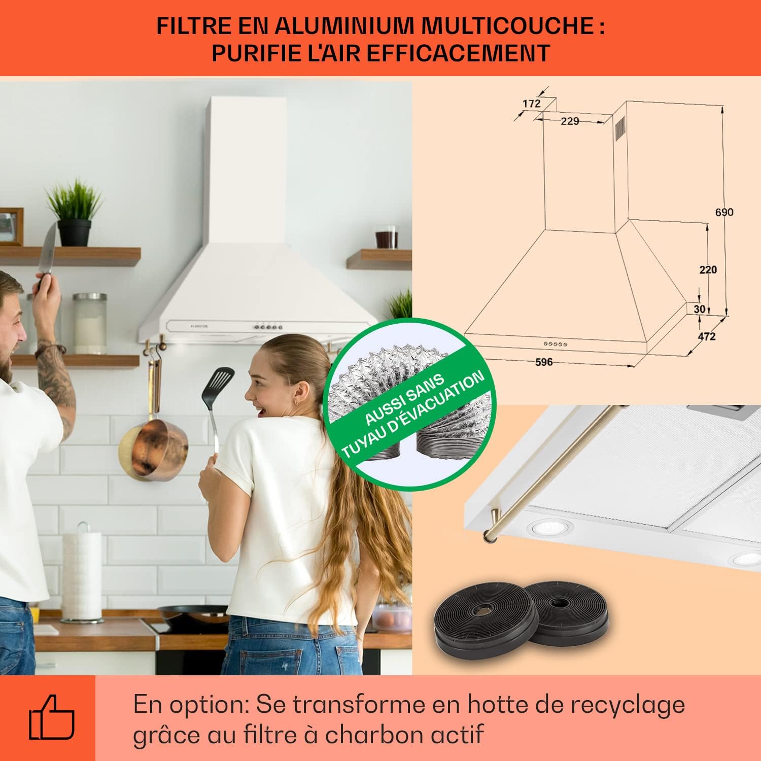 Klarstein Hotte Aspirante 90 cm, Hottes de Cuisine avec Filtre de Hotte en Aluminium, Débit d'Air Puissant de 645m³/h, Eclairage LED, Extracteur d'Air Silencieux, Hotte Efficace avec Evacuation