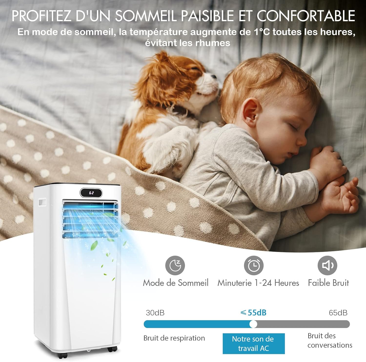 RELAX4LIFE Climatiseur Mobile Silencieux 9000BTU, Climatiseur Portable 4 en 1, Refroidisseur d'Air, Ventilateur, Déshumidificateur, Mode Nuit, 15-20㎡, Télécommande, Minuterie 24H, Classe Energie A