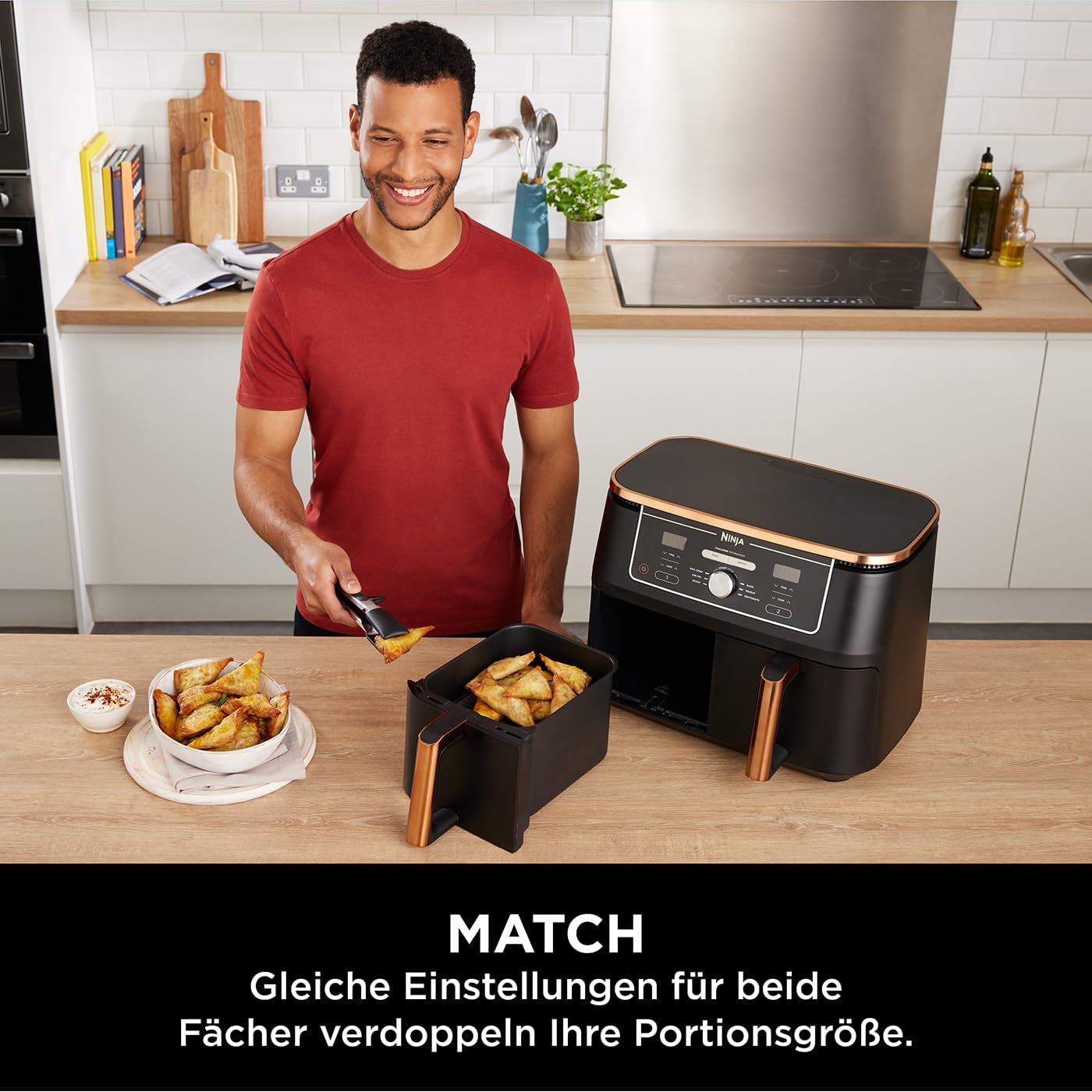 Ninja Foodi FlexDrawer Dual Zone Heißluftfritteuse, Airfryer mit 10,4-Fach und herausnehmbarem Trenner, Antihaftbeschichtung, spülmaschinenfester Korb, 7-in-1, Schwarz & Kupfer, AF500EUCP