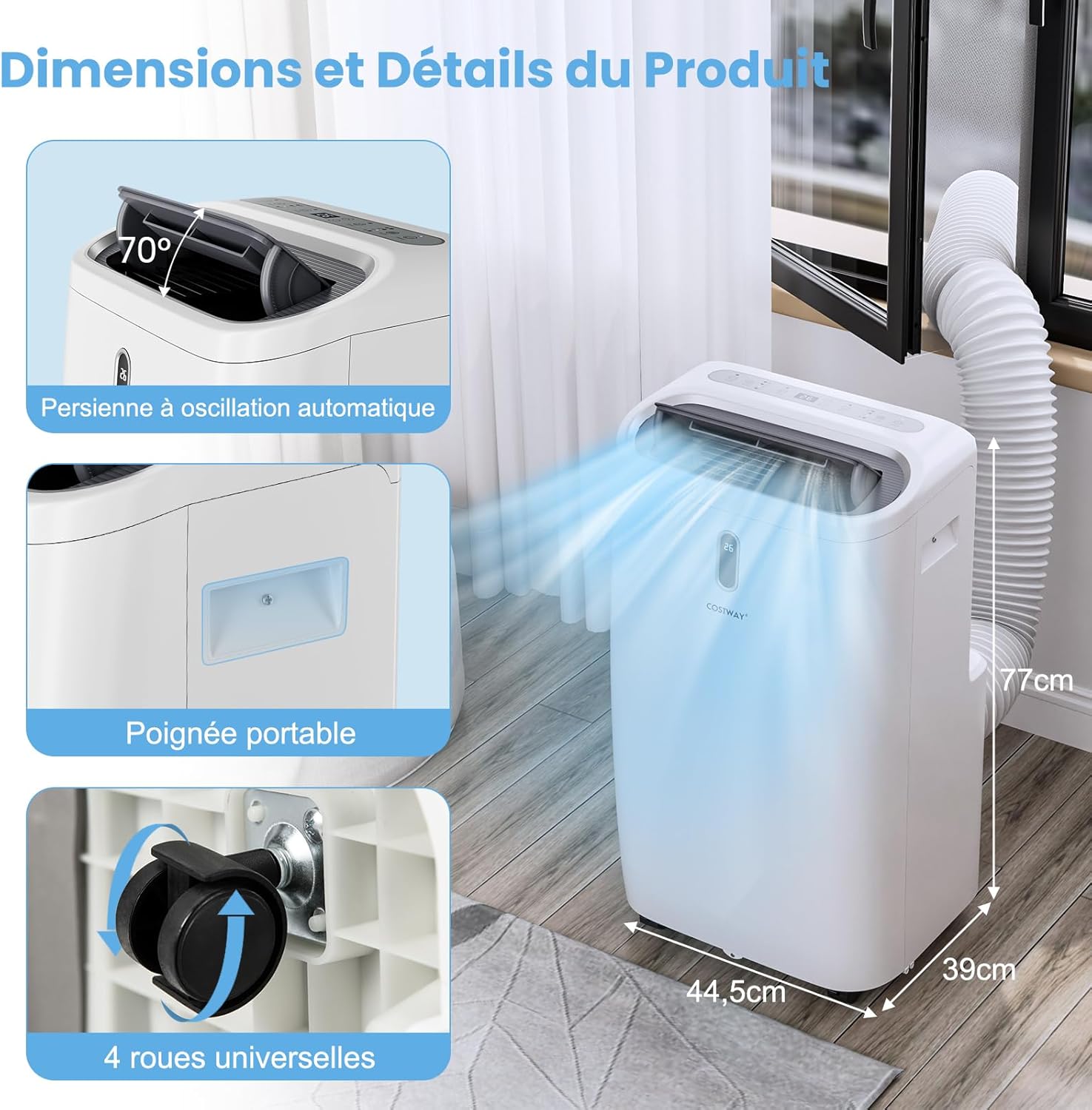 COSTWAY Climatiseur Mobile Silencieux 16000BTU, 5 EN 1,Refroidissement,Chauffage,Ventilateur,Déshumidificateur,Mode Nuit,Climatisation Rapide,Clim Mobile