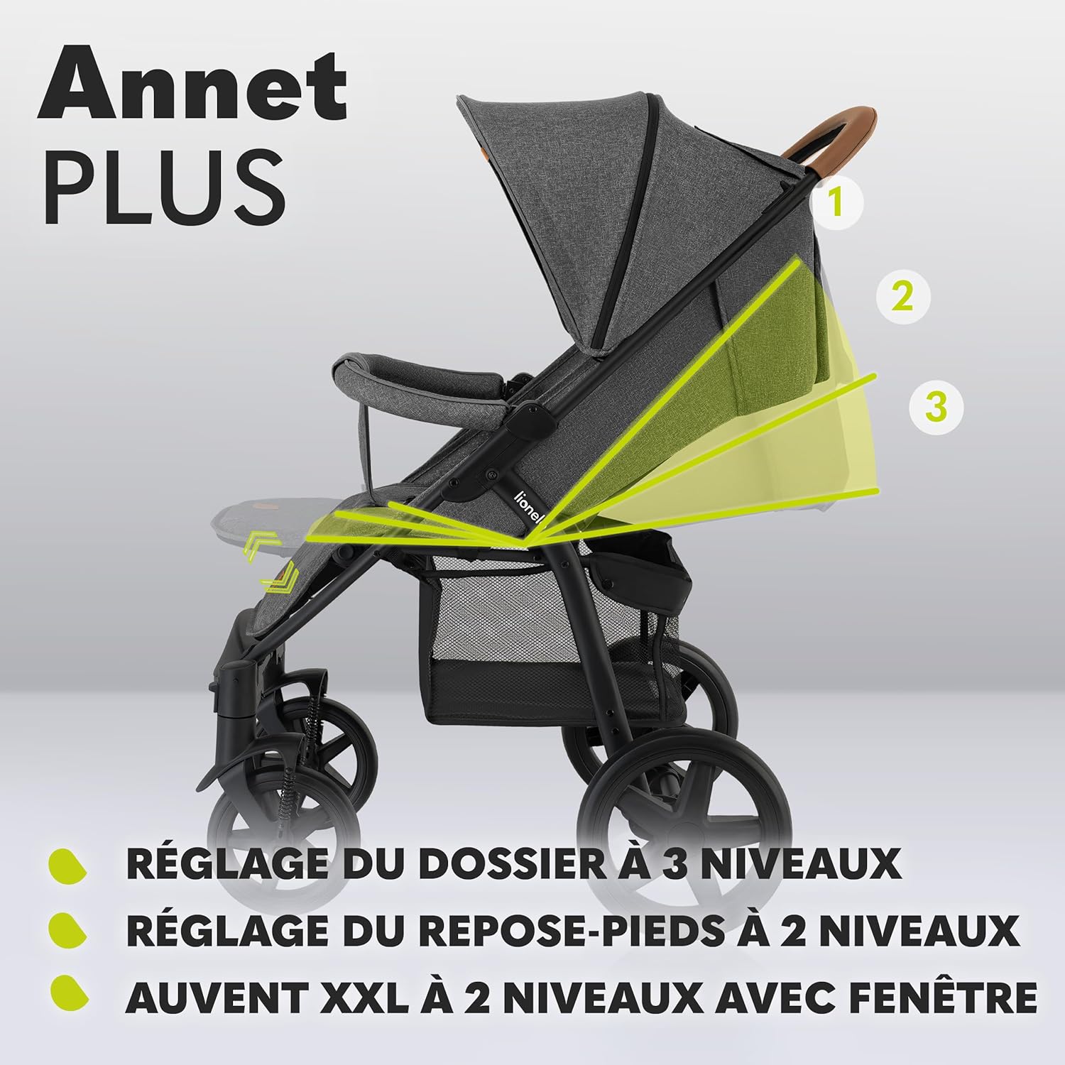 LIONELO Annet Plus poussette bebe à 22 kg, auvent avec fenêtre, roues EVA, chancelière moustiquaire porte-gobelet, réglage du dossier jusqu’à la position couchée (Dreamin, PLUS)