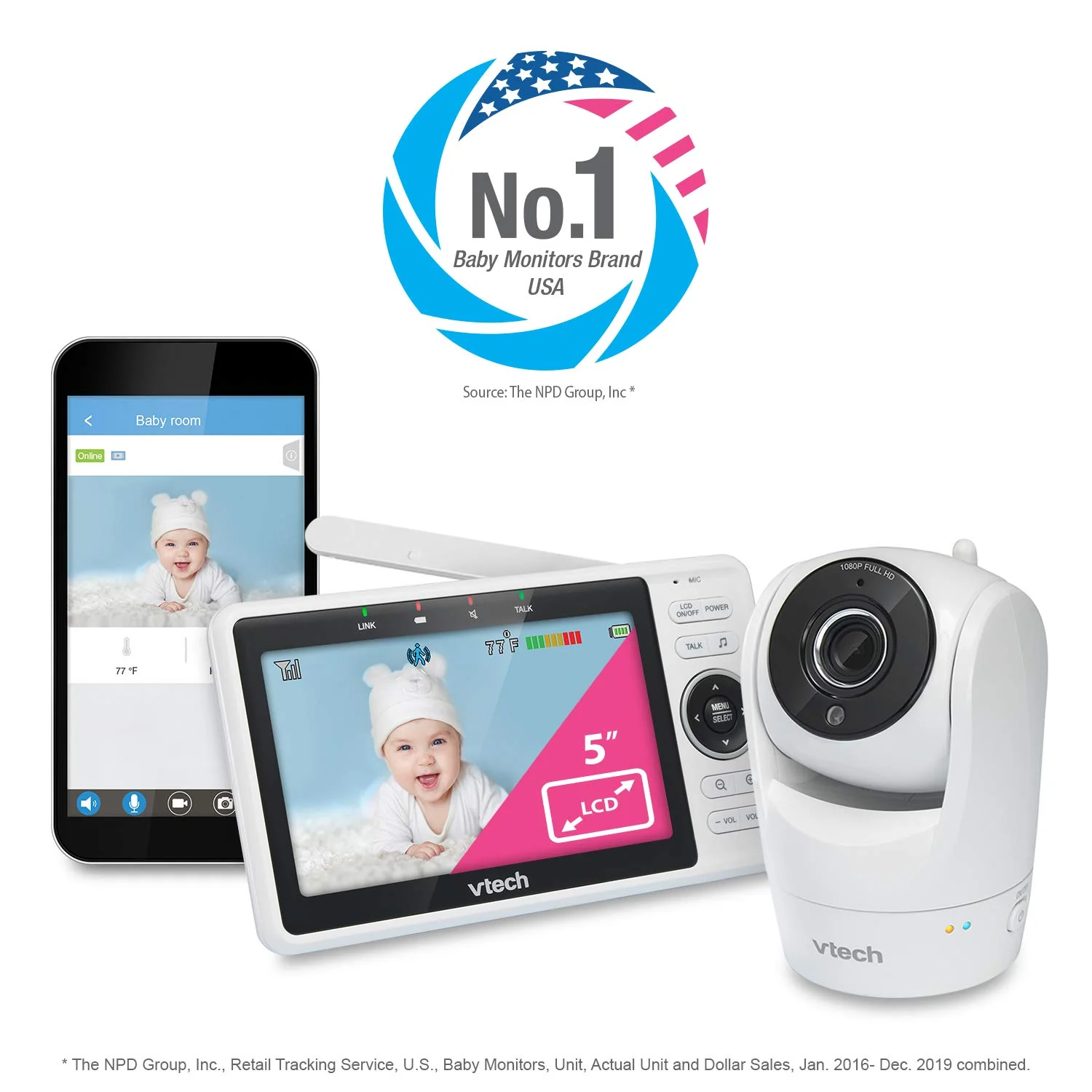 VTech Smart WiFi Baby Monitor, 5-inch 720p Display, 1080p Camera