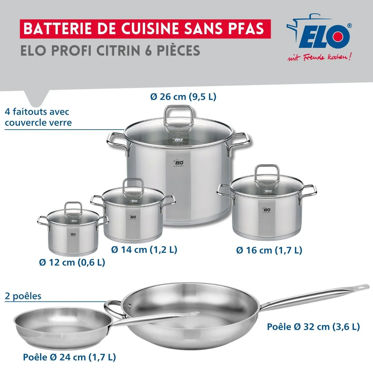Ensemble de 2 Poêles de cuisson 24 et 32 cm et 4 faitouts 12, 14, 16 et 26 cm Elo Profi Citrin Elo