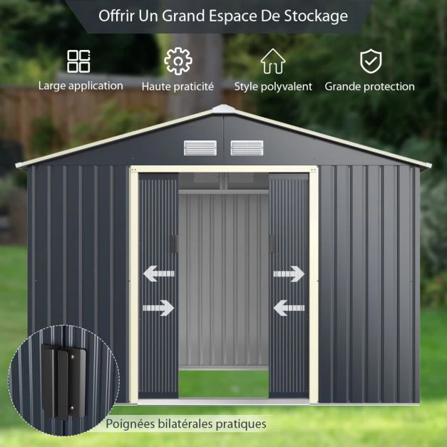 Abri de jardin en métal 5,29 ㎡ 277 x 191 x 202 cm avec 2 portes coulissantes verrouillables 4 trous d’aération pour vélo gris 20_0007629